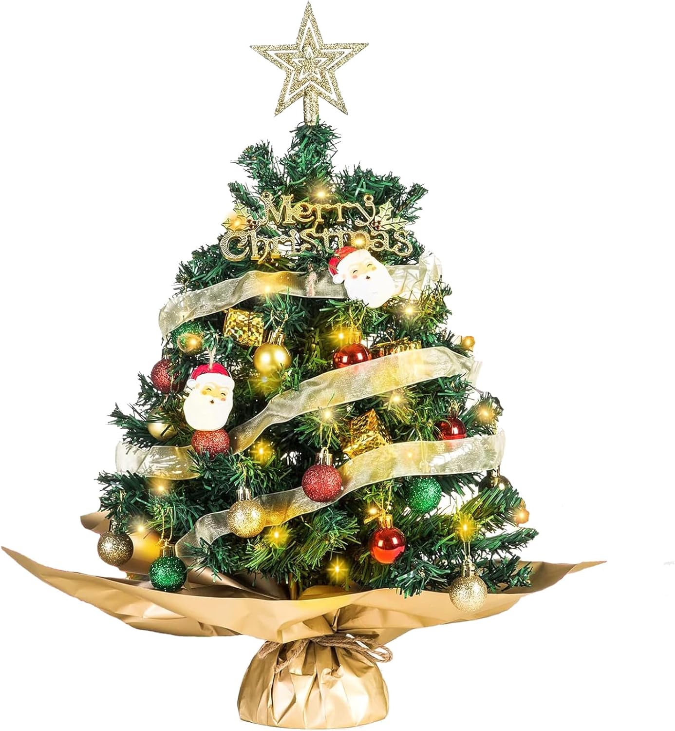 Small Mini Table top Christmas Tree with 50 LED Lights 24 Inch /2FT Little Prelit Christmas Tree Decorated