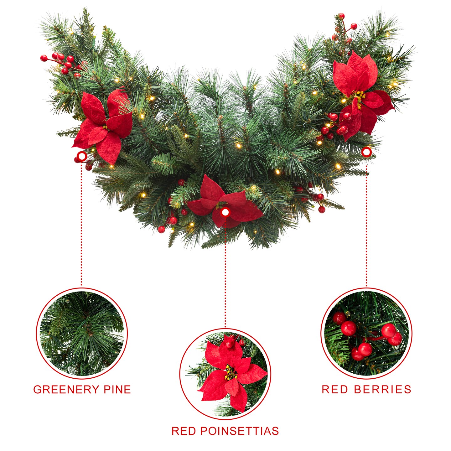 Set of 2 Pre-Lit Christmas Swag, with 50 Warm White LED Lights, Three Function