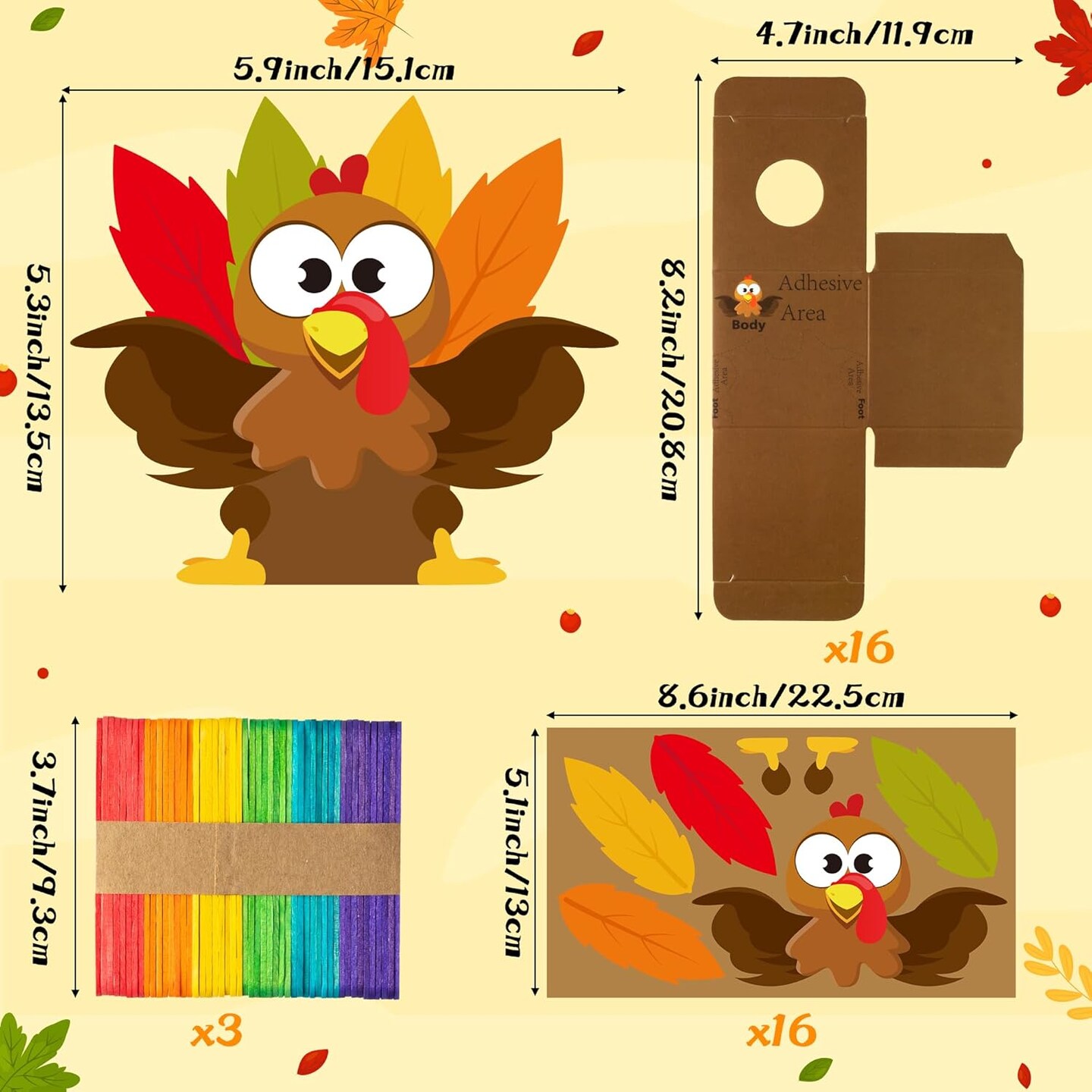 Fall Thankful Turkey Craft - 16Pcs Thankful Turkey Jar Craft Kit DIY Religious Turkey Prayer Jar with Popsicle Stick Thanksgiving Gratitude Turkey Box Paper Craft School Fun Activities for Kids