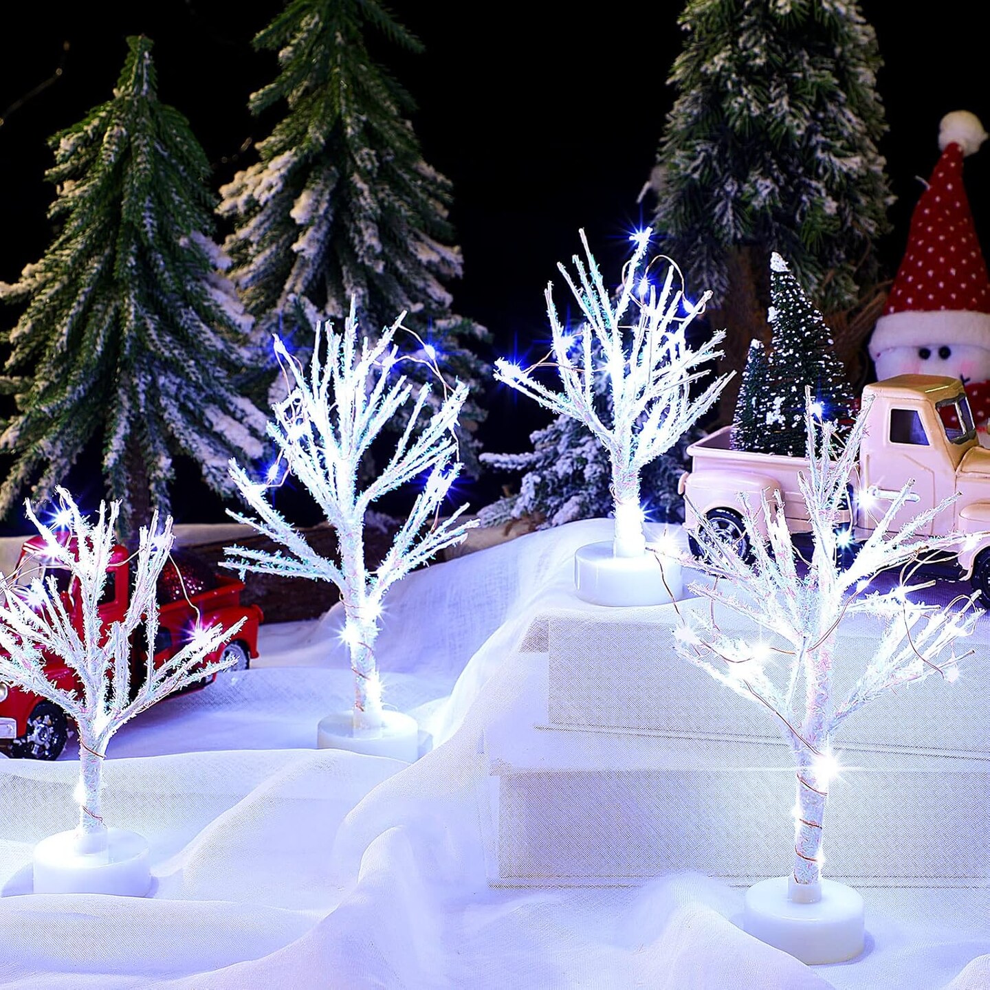 5 Pcs Christmas Village Trees with LED Light Christmas Village Accessories White Christmas Tree Artificial Xmas Mini Bare Branch Tree for Winter Christmas Decoration 5.9 Inch 7.9 Inch(Modern)