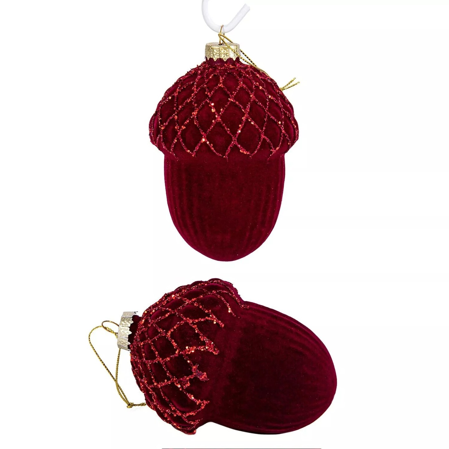 SET OF 2 Red Velvet Flocked Acorn Ornaments, Glass Christmas Ornaments 4.25&#x22;