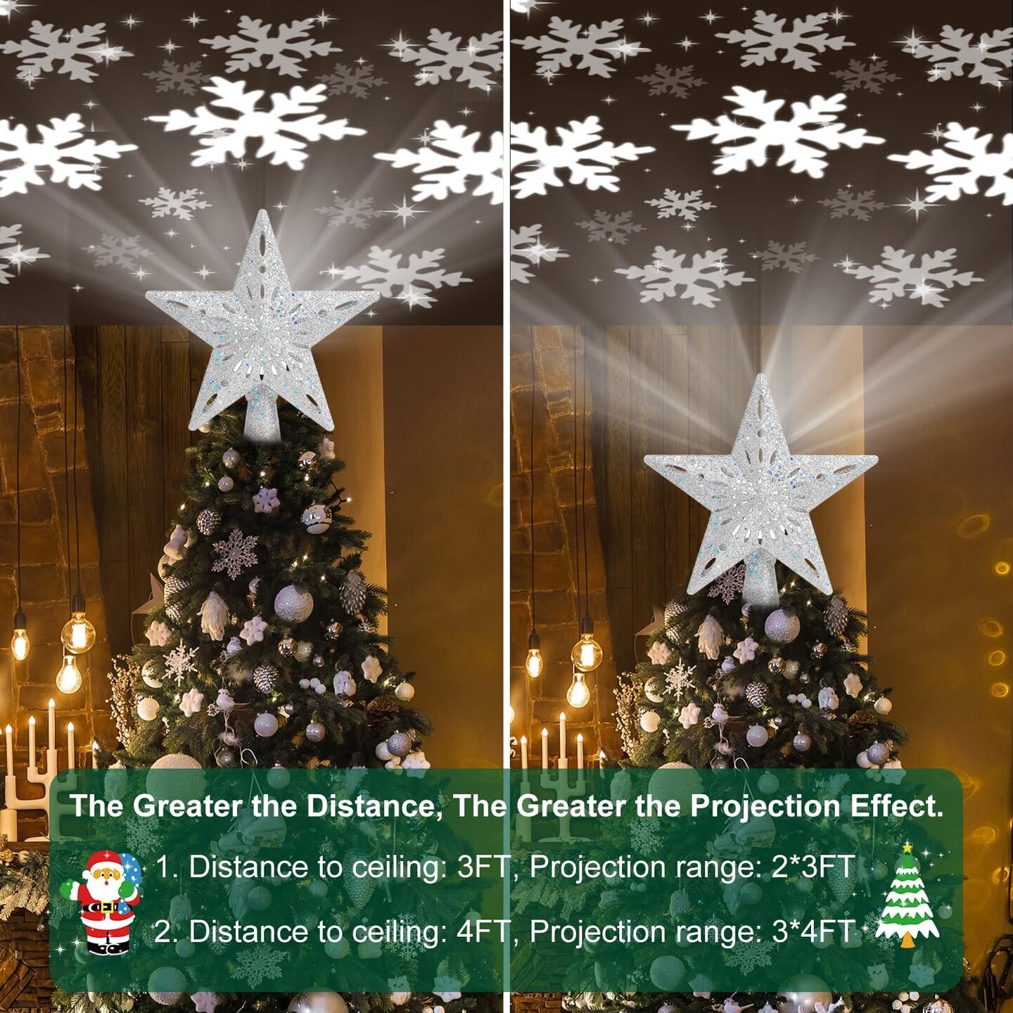 Christmas Tree Topper Lighted with 6 Projection Modes,Christmas Star Tree Topper Built-in LED Rotating Lights,Silver 3D Glitter Dynamic Projection for Xmas Party Holiday Decorations