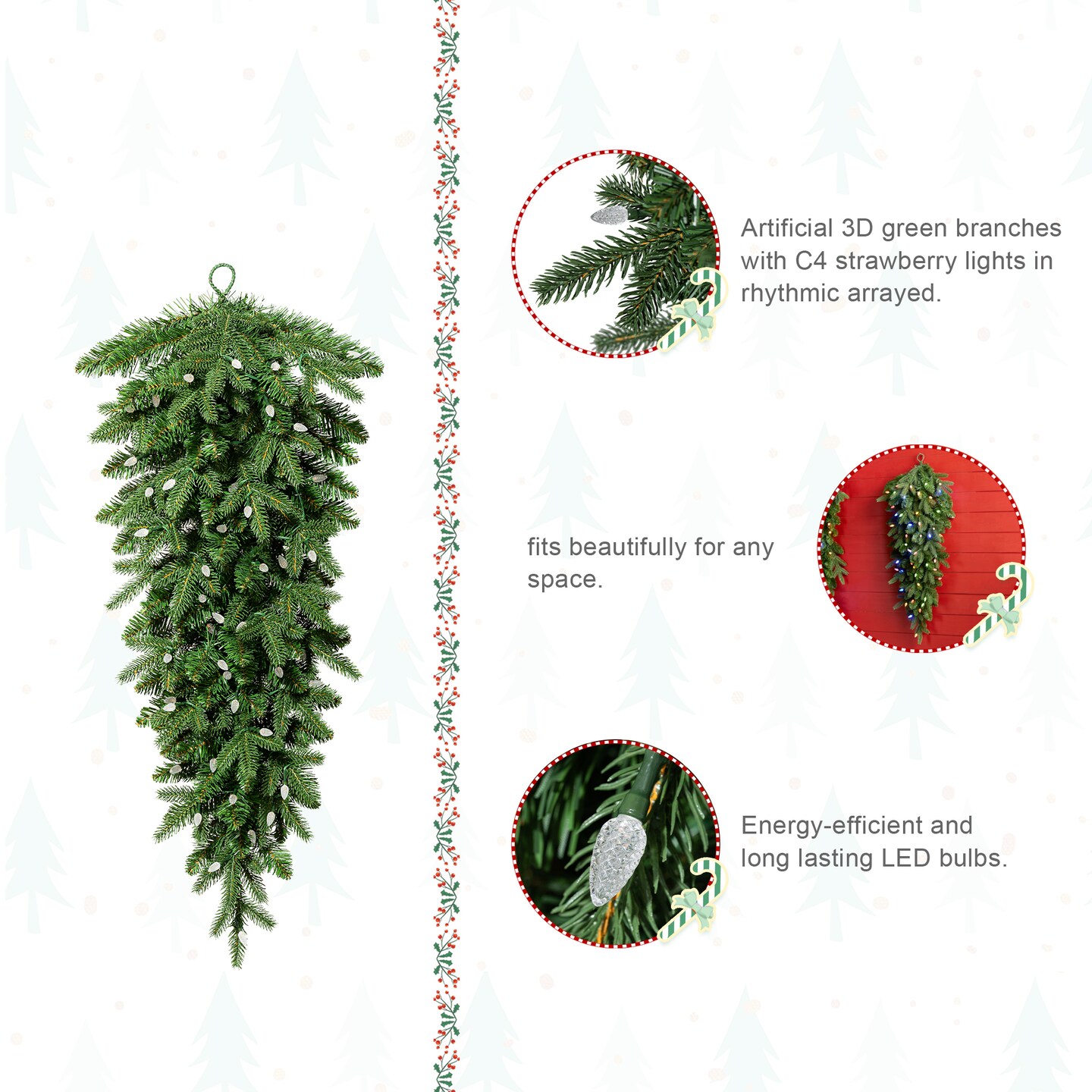 Set of 2/4 Pre-Lit Greenery Christmas Teardrop Swag with 50 Lights and Timer