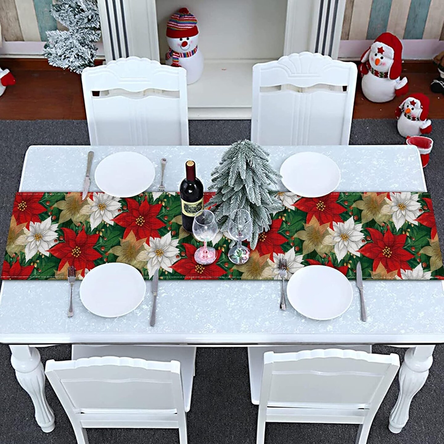 Christmas Poinsettia Table Runner, Xmas Winter Small Burlap Table Runners Seasonal Holiday Burlap Kitchen Dinning