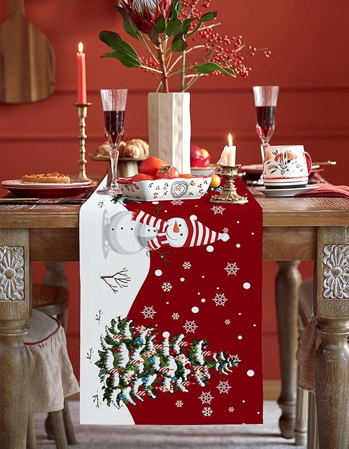 Inches, Snowman Rustic Red Snowflake Bed Runner Dress Scarves, Farm Xmas Tablerunner for Dining/Holiday/Coffee Table 13&#x22;x 36&#x22;