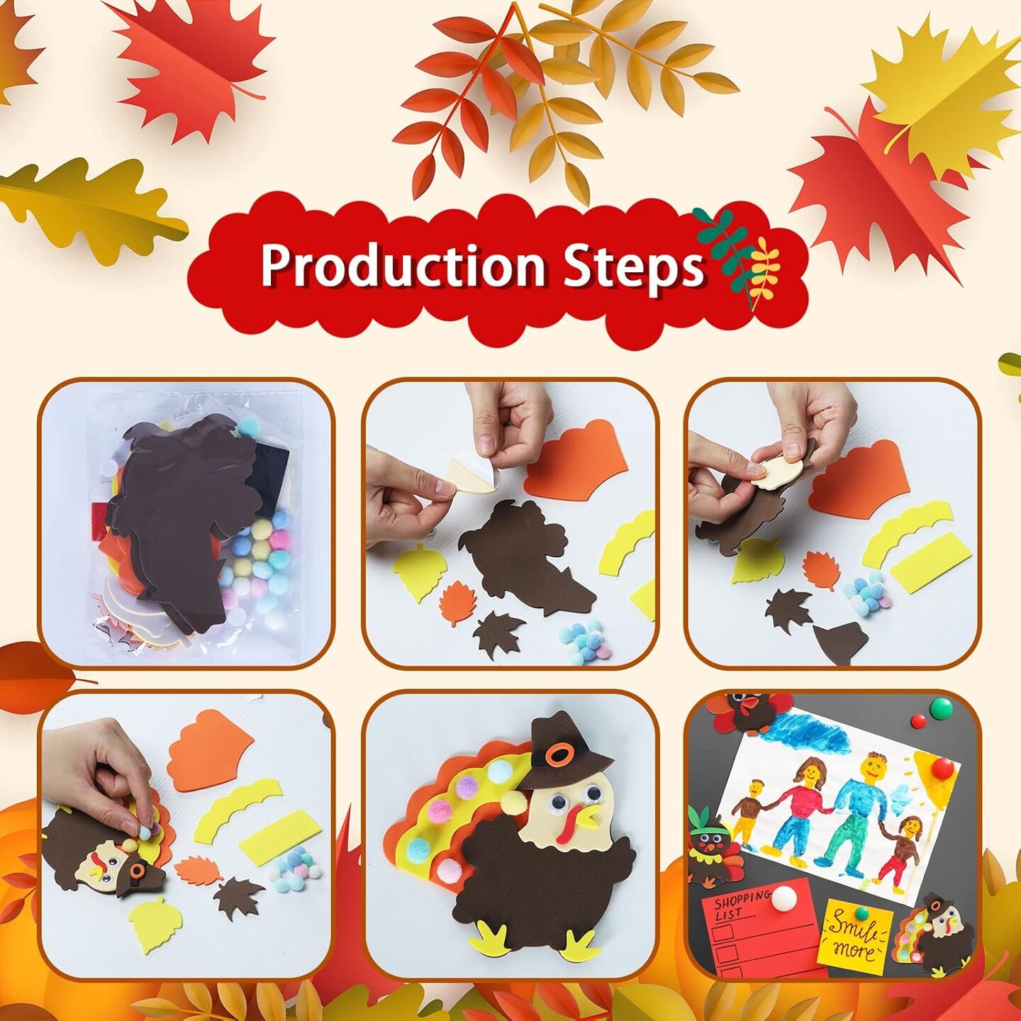 8Pcs Fall Thanksgiving Foam Turkey Magnet Craft Kit Autumn Refrigerator Magnets with Colorful Pompoms for Kids Adults DIY Craft Home Party Decorations
