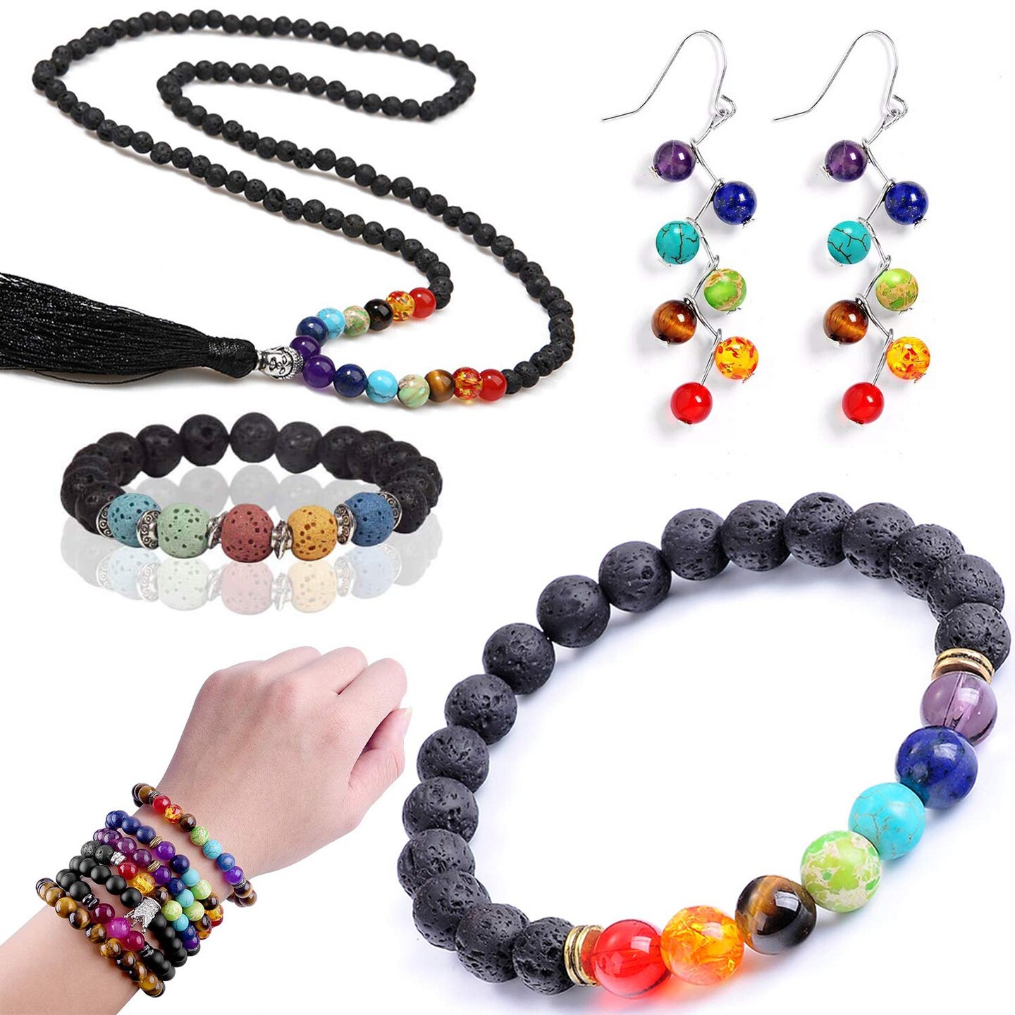 702Pcs Lava Beads Stone Rock Beads Rainbow Striped Beads Kit with Chakra Beads Cloisonne Beads Spacer Beads Bracelet String Cord for Diffuser Essential Oils Adult Jewelry Making Supplies