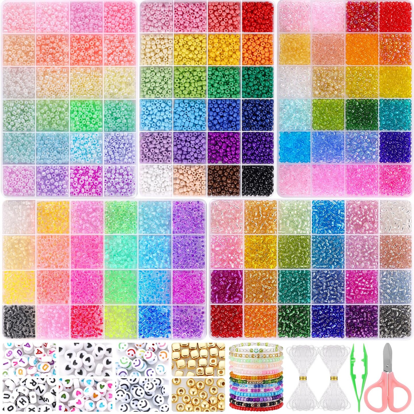 13000pcs 4mm Seed Beads for Jewelry Making, 5 Types 120 Colors Small Glass Beads for Bracelets, Friendship Bracelet Kit with Alphabet Letter Beads, Smile Face Beads for DIY, Art and Craft