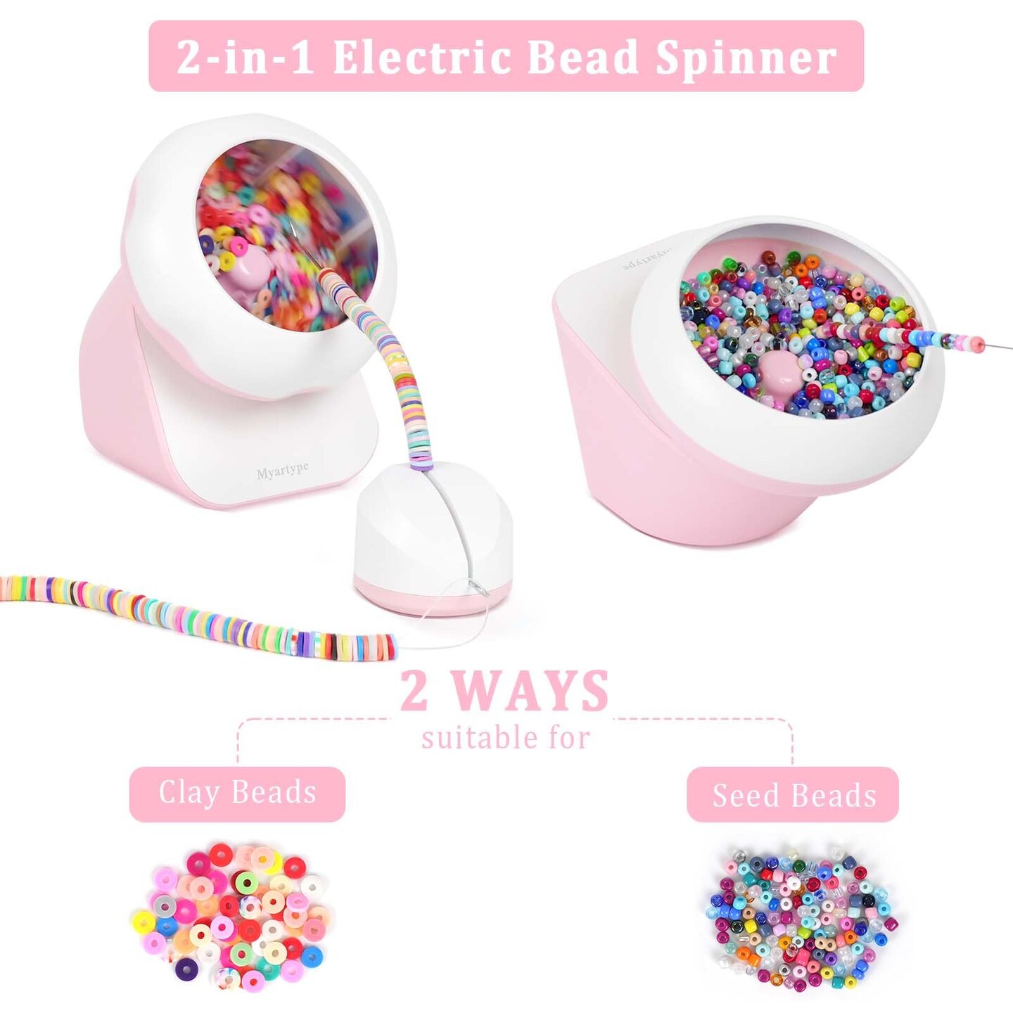 Clay Bead Spinner and Seed Bead Spinner, 2-in-1 Electric Bead Spinner for Jewelry Making, Bracelet Spinner and Necklace Making Machine with Bead Needles and Thread (Pink)