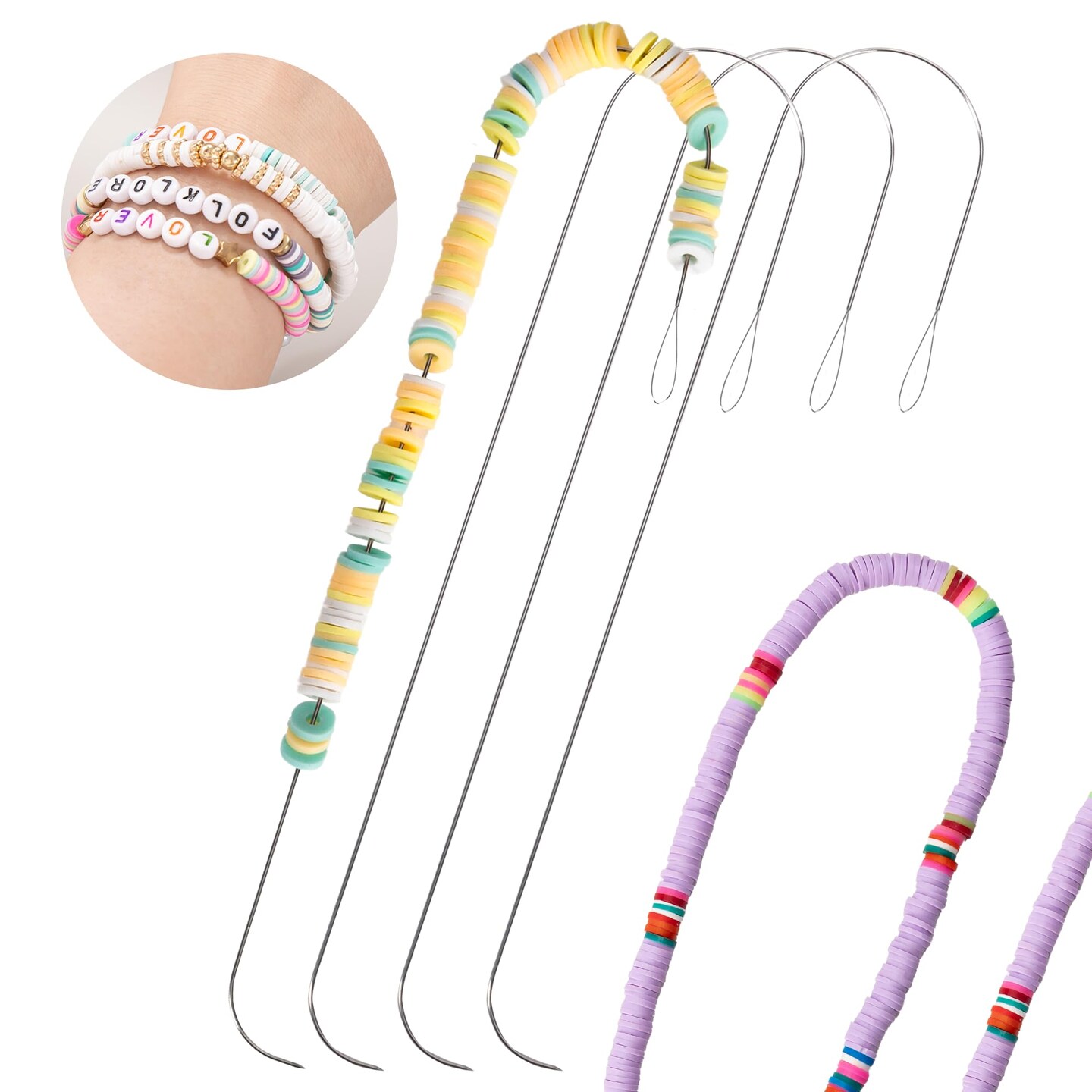 4 Pieces Large Eye Curved Beading Needles with Handle, 5.3 inch Stainless Bead Needle for Bead Spinner Loader, Bead Spinner Needles for String Seed Beads Jewelry Making (Patent Protection)