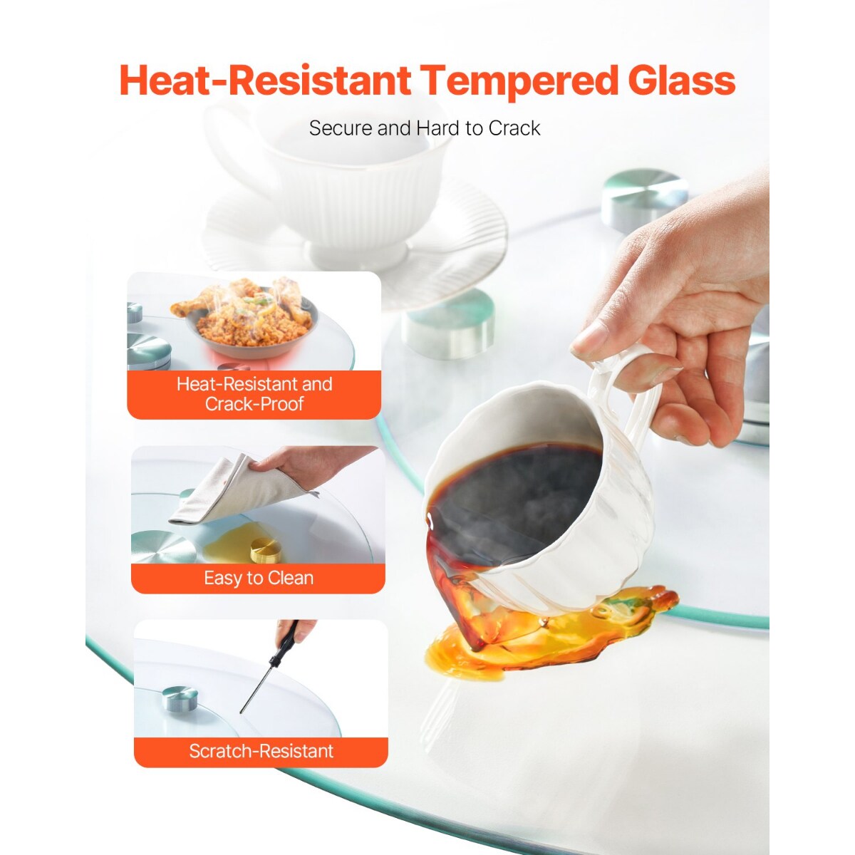 Transparent Tempered Glass Lazy Susan Turntable with Aluminum Base and 360 Degree Rotation