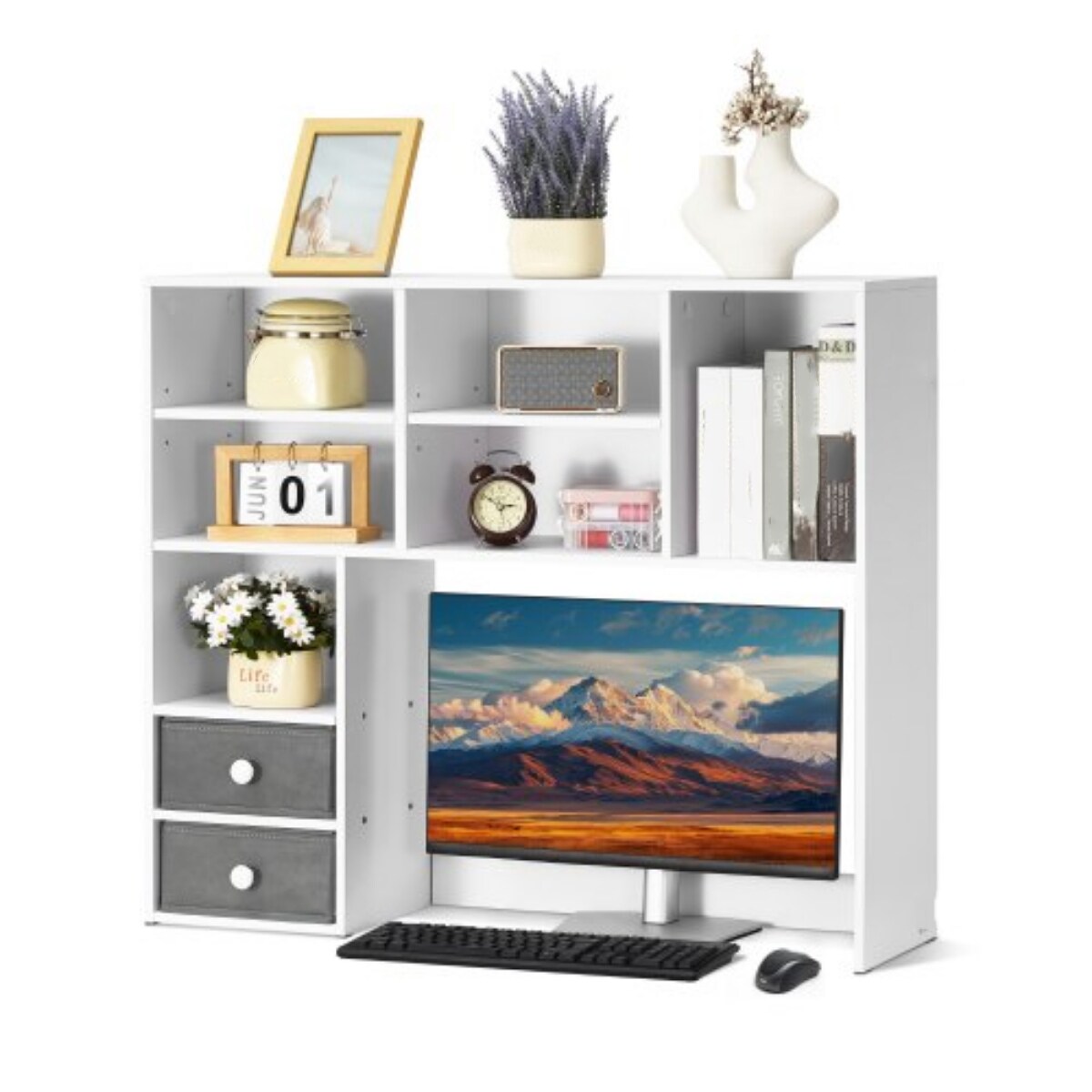 3-Tier Desktop Bookshelf Wood Storage Organizer with Fabric Drawers for Office Home Dorm