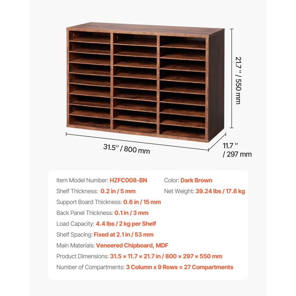 Wood Literature Organizer File Sorter with Removable Shelves Mailbox Slots for Office