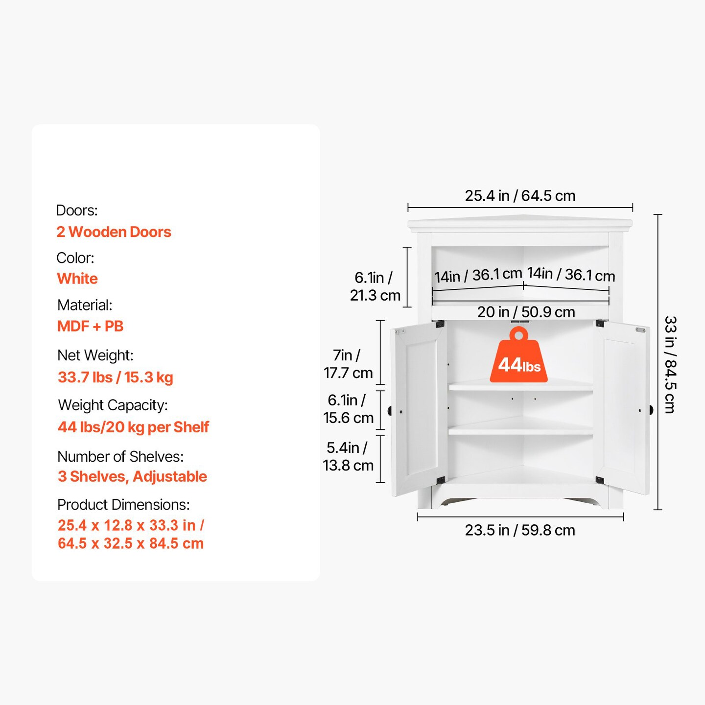 32" Corner Storage Cabinet 3 Tiers with Wooden Doors & Shelves