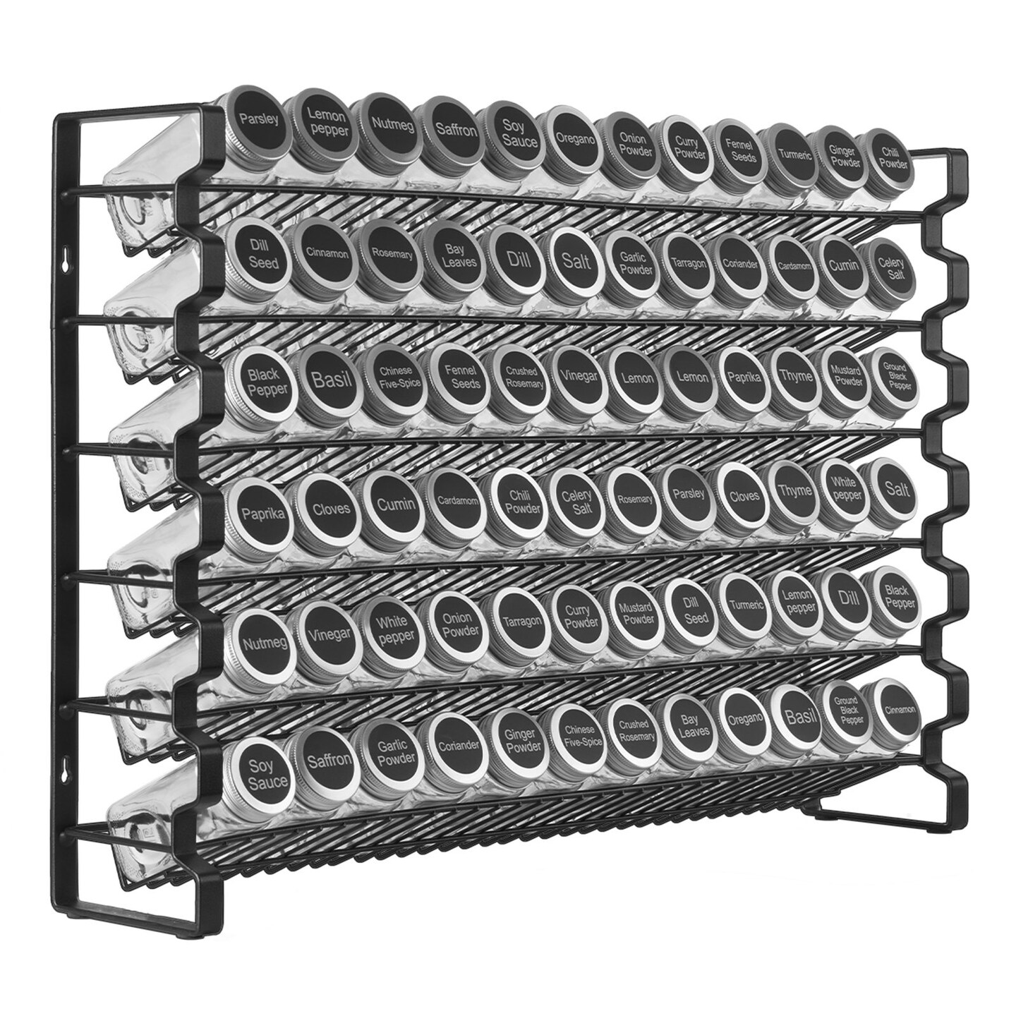 Steel Spice Rack Organizer with 36 Glass Jars Wall Mounted or Countertop Storage Shelf