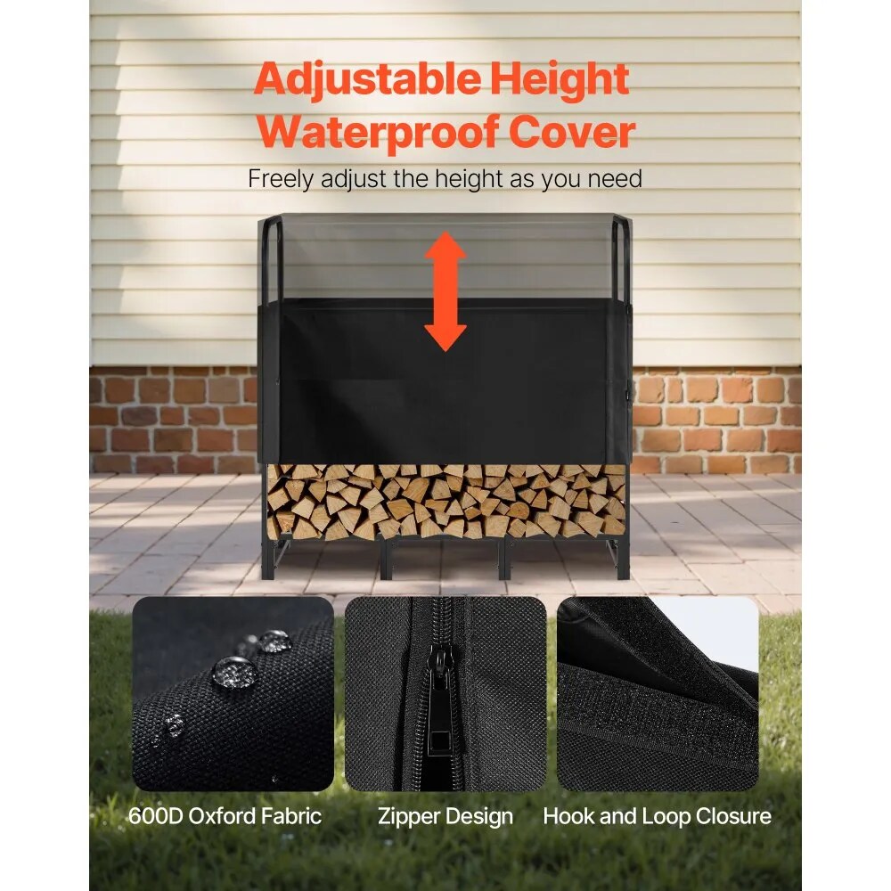 Firewood Storage Rack 4 Foot Outdoor Metal Holder with Waterproof Cover