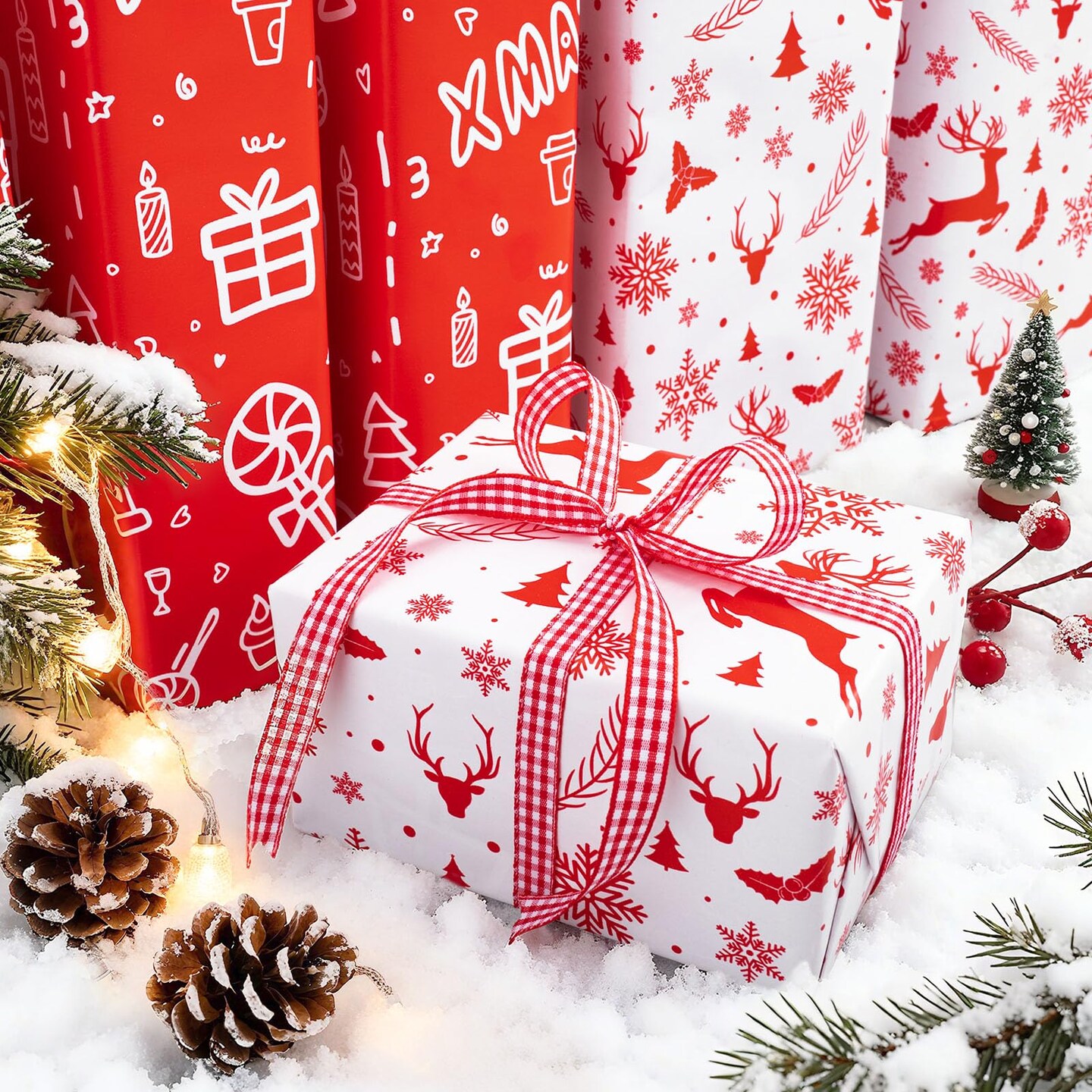 Reversible Christmas Wrapping Paper, Santa Gift Wrapping Paper Roll, Red White Reindeer and Snowflake Wrapping Paper for New Year, Holiday, Party, 17 Inch X 32.8 Feet