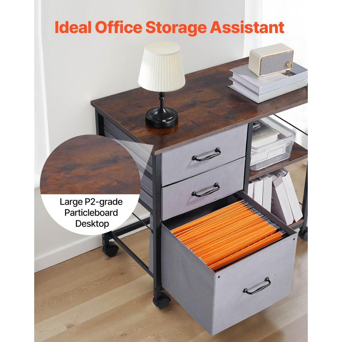Mobile Metal File Cabinet with 3 Fabric Drawers and 2 Shelves Wooden Storage with Wheels