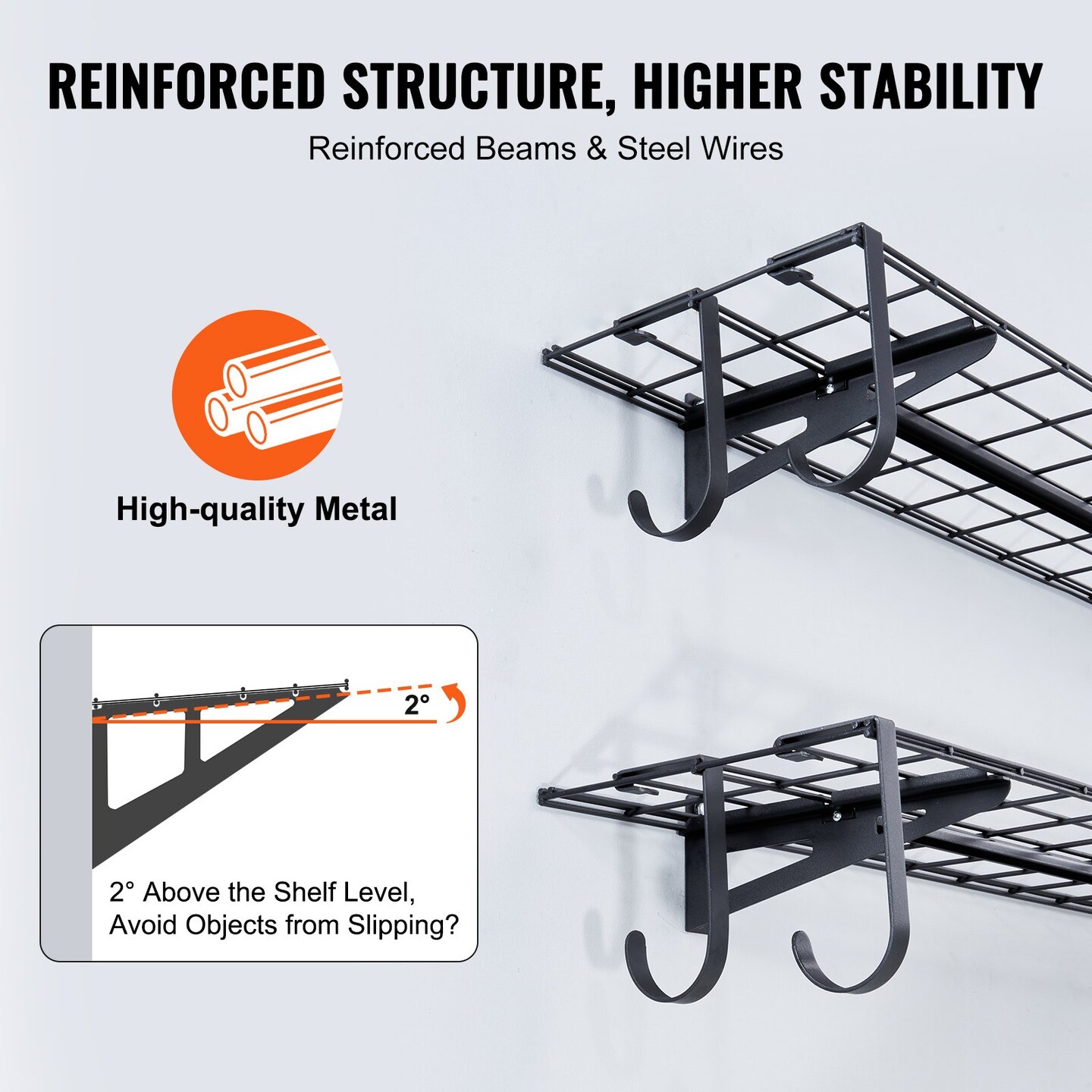 Black Steel Wall-Mounted Shelves 2-Layer Heavy Duty Storage Rack Adjustable Brackets