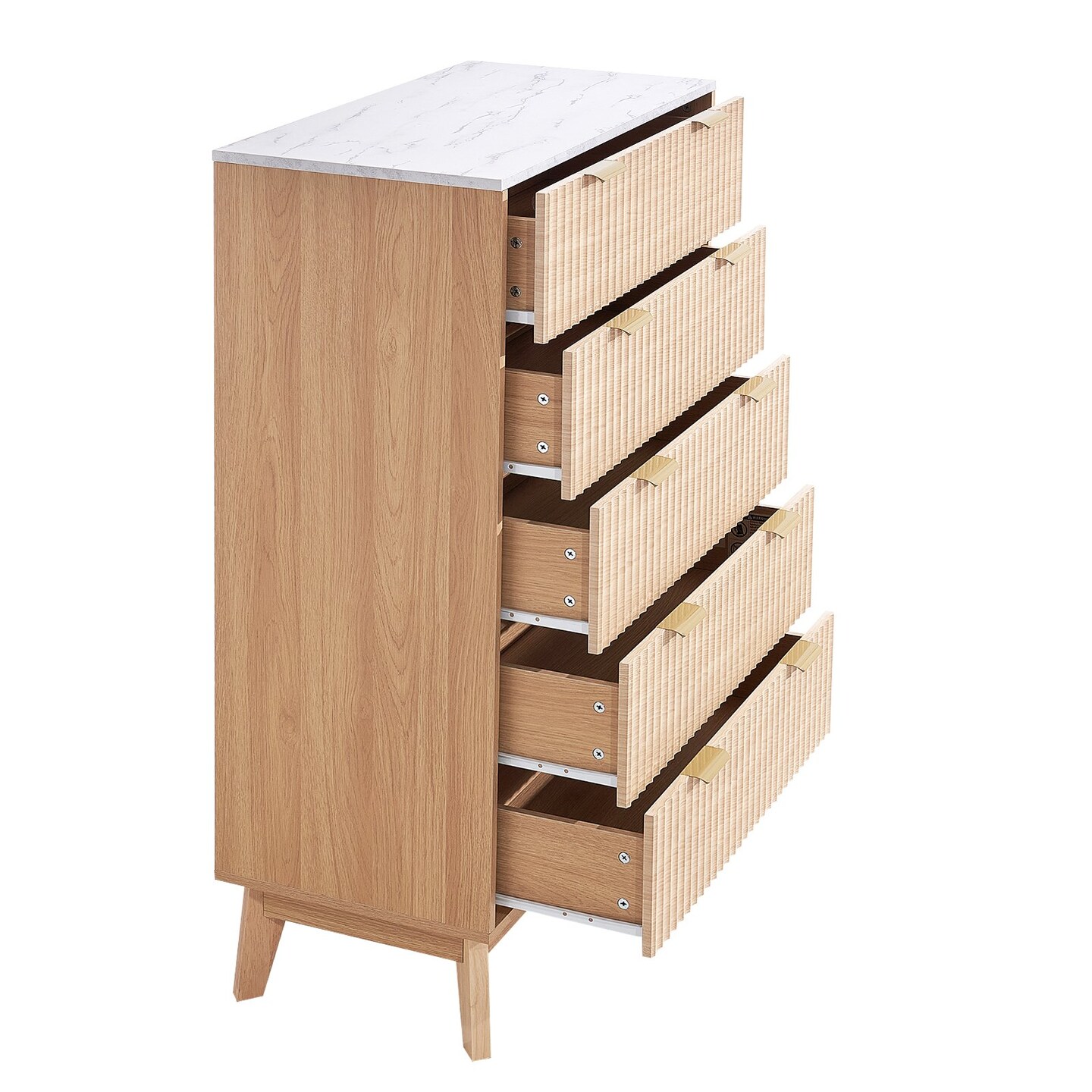 Light Wood MDF Drawer Dresser with Grooved Design, Metal Handles and Smooth Glides