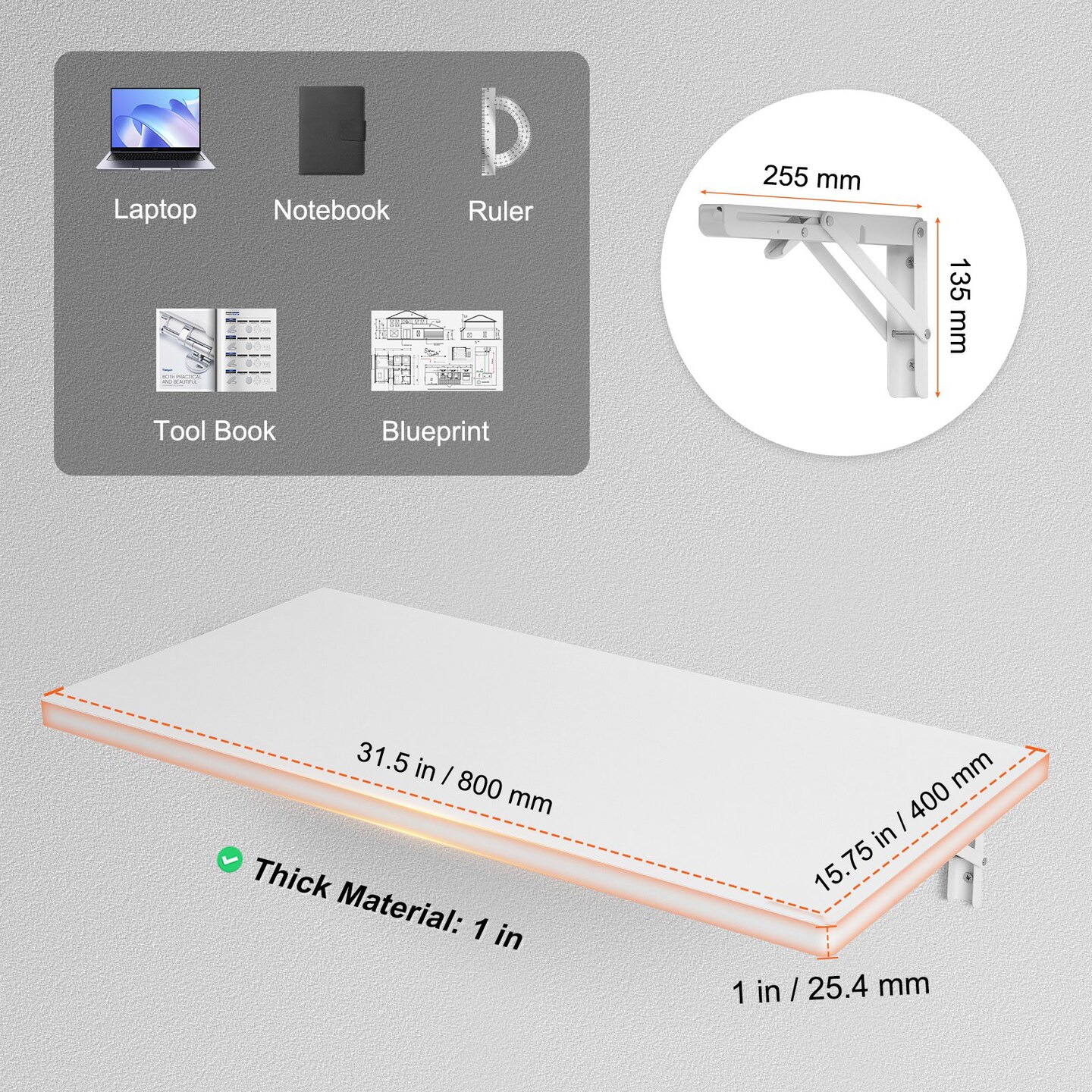 Wall Mount Foldable Desk Floating Table with Iron Bracket for Small Spaces White