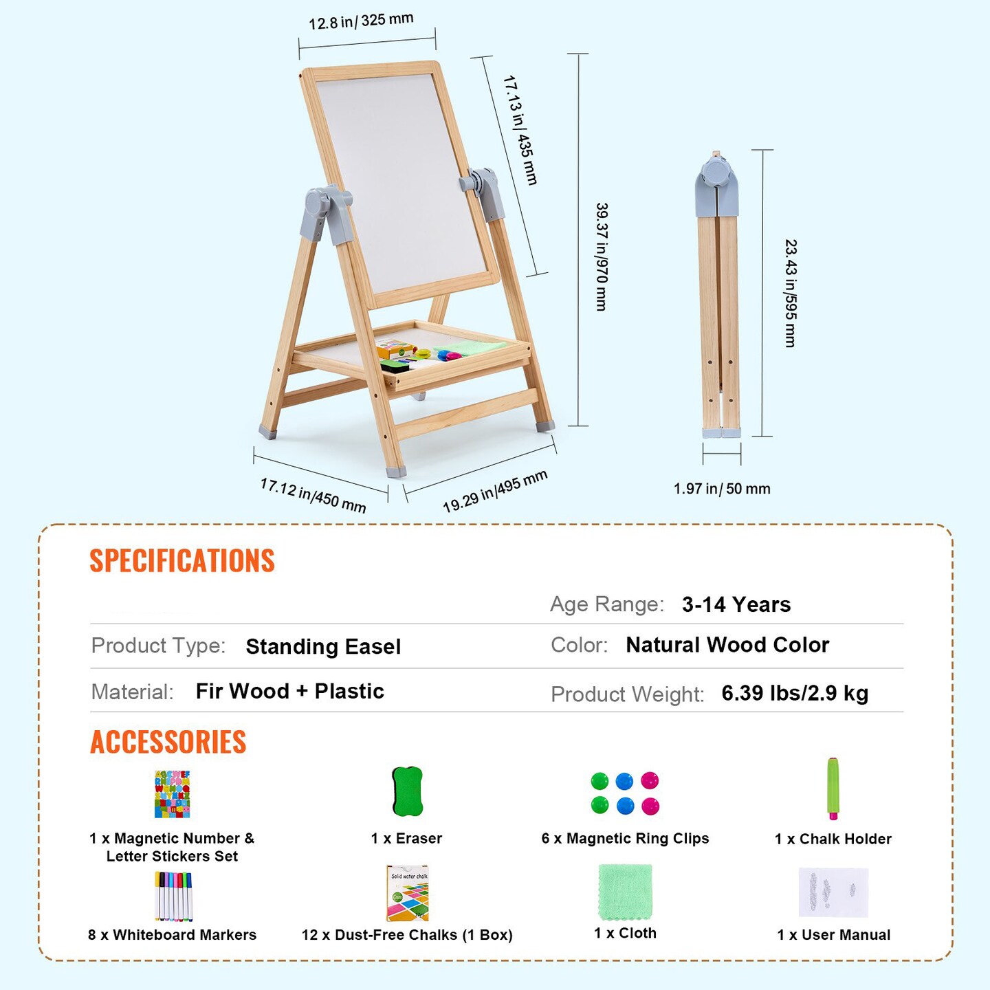 Wooden Kids Art Easel Double Sided with Whiteboard and Chalkboard Adjustable Stand