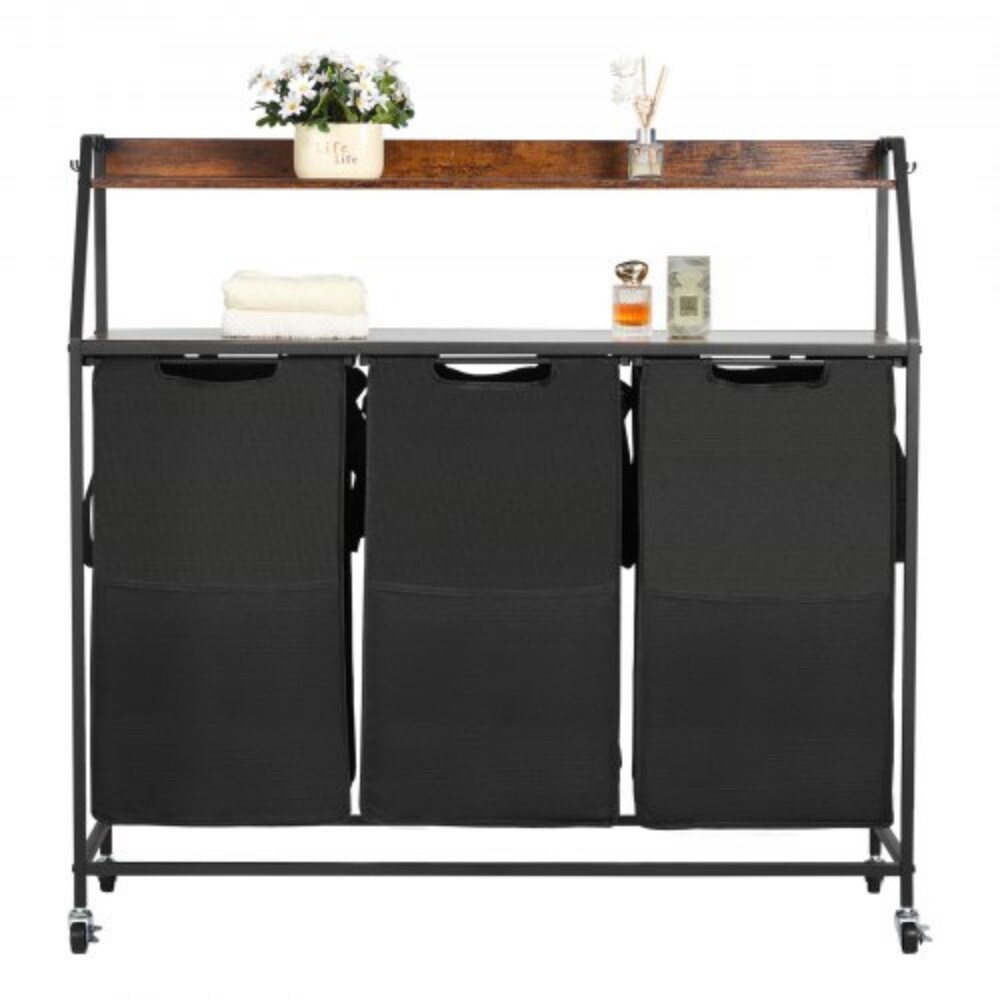 Black 600D Oxford Fabric Section Laundry Sorter with Wheels, Hooks and Tabletop