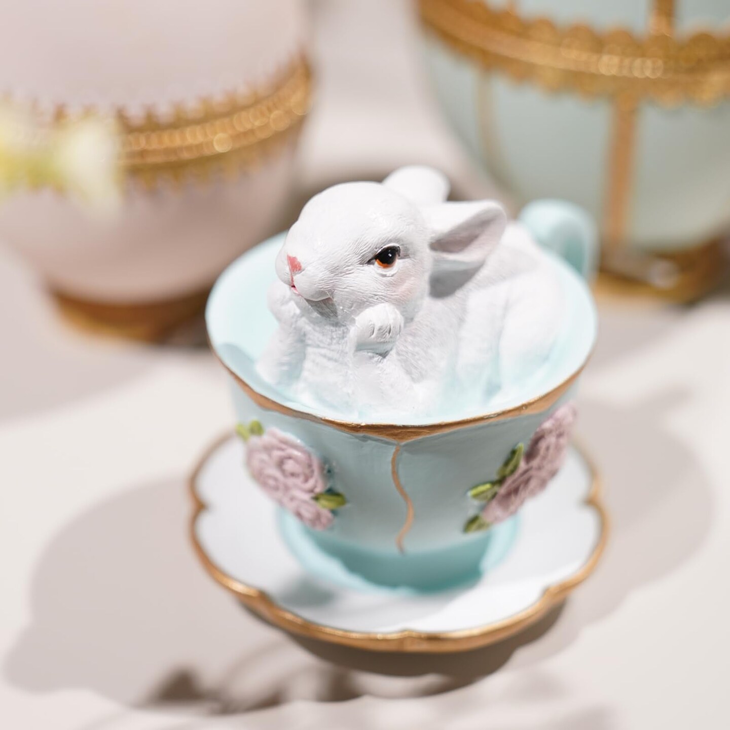 Easter Bunny Decorations Rabbit-Figurine Easter-Gift - Spring Bunny Statues Table Centerpieces Rabbits in Blue Cup Rabbits Sulpture for Indoor Home Farmhouse Decor 3.25*2.75*3 inch Newman House Studio