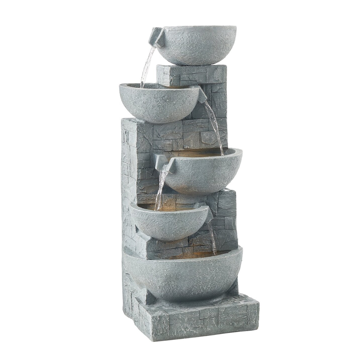 31.5" 5-Tier Rock Gray Outdoor Water Fountain with LED Lights Modern Bowl-Stacking Fiberglass