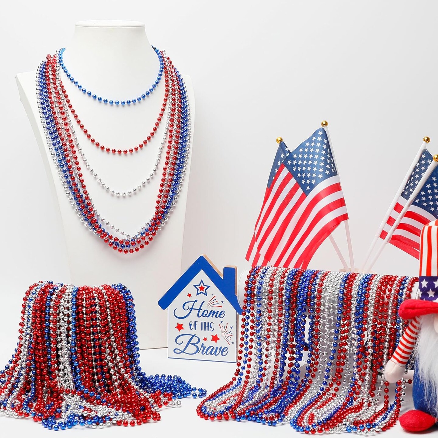 120 PCS 4th of July Necklace, 33" Red Silver Blue Metallic Beaded Necklaces, Independence Day Party Accessories Patriotic Bead Necklace for Memorial Day Fourth of July Parades Party Supplies