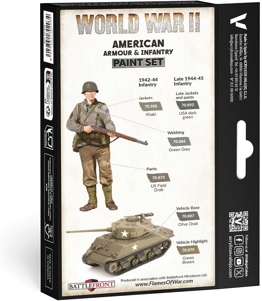 WWII American Armour &#x26; Infantry Model Color Paint Set( 6 bottles x 18 ml.0.6 fl.oz)