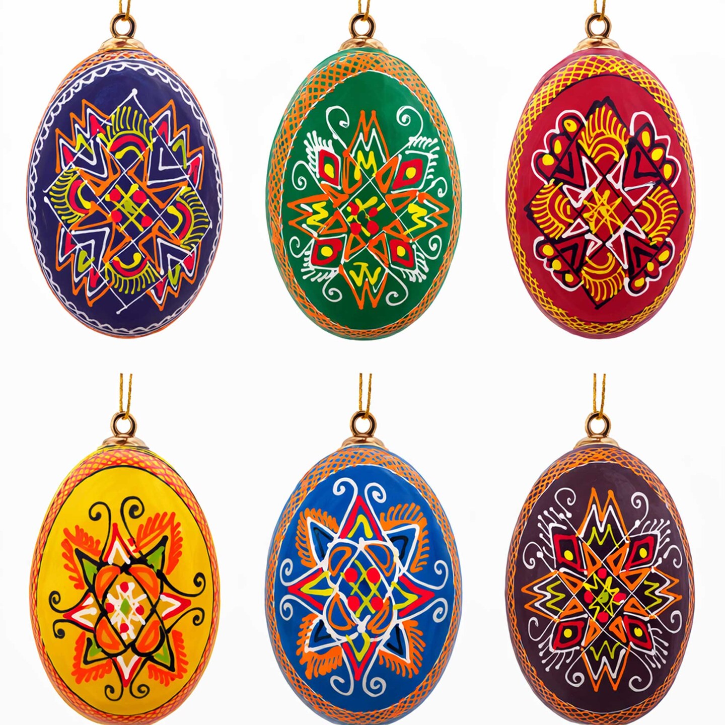 Set of 6 Hand Painted Wooden Ukrainian Easter Egg Ornaments 2.5 Inches
