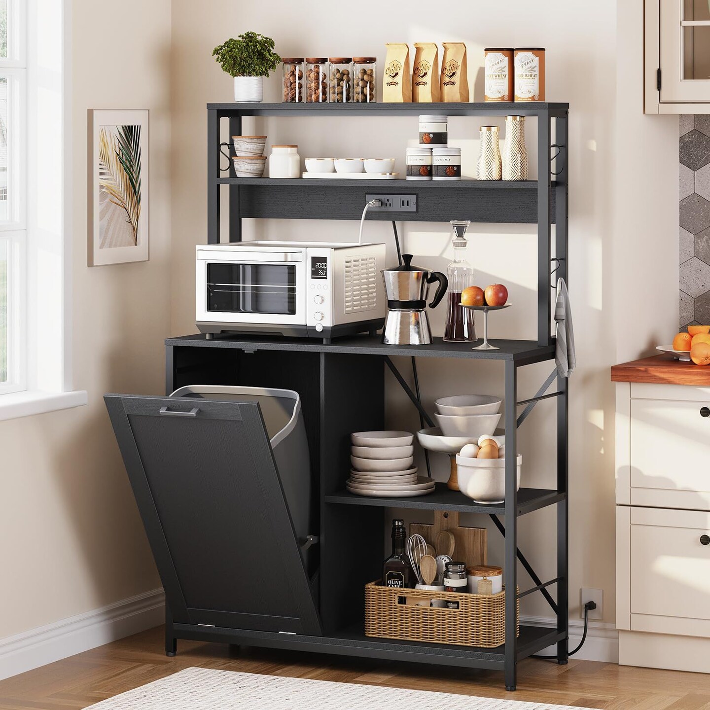 Black Bakers Rack with Power Outlet Trash Can Storage 5-Tier Kitchen Shelf