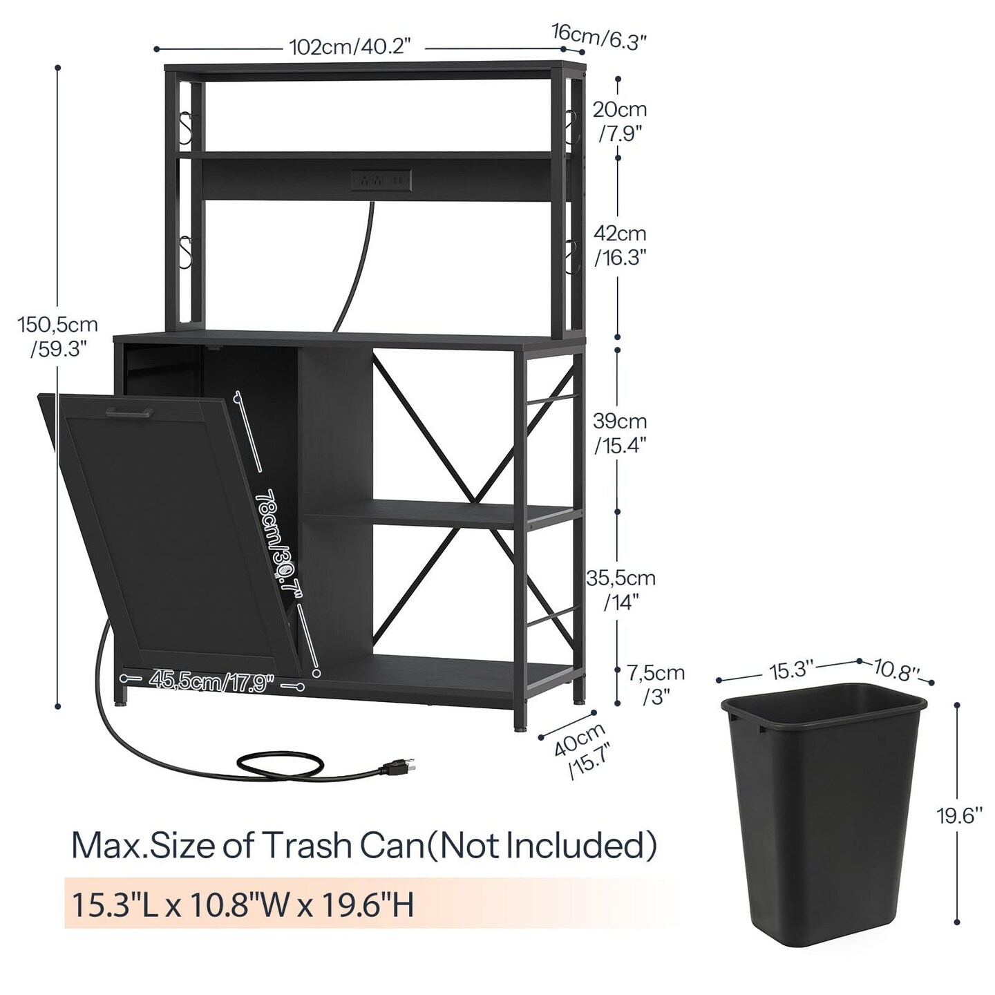 Black Bakers Rack with Power Outlet Trash Can Storage 5-Tier Kitchen Shelf