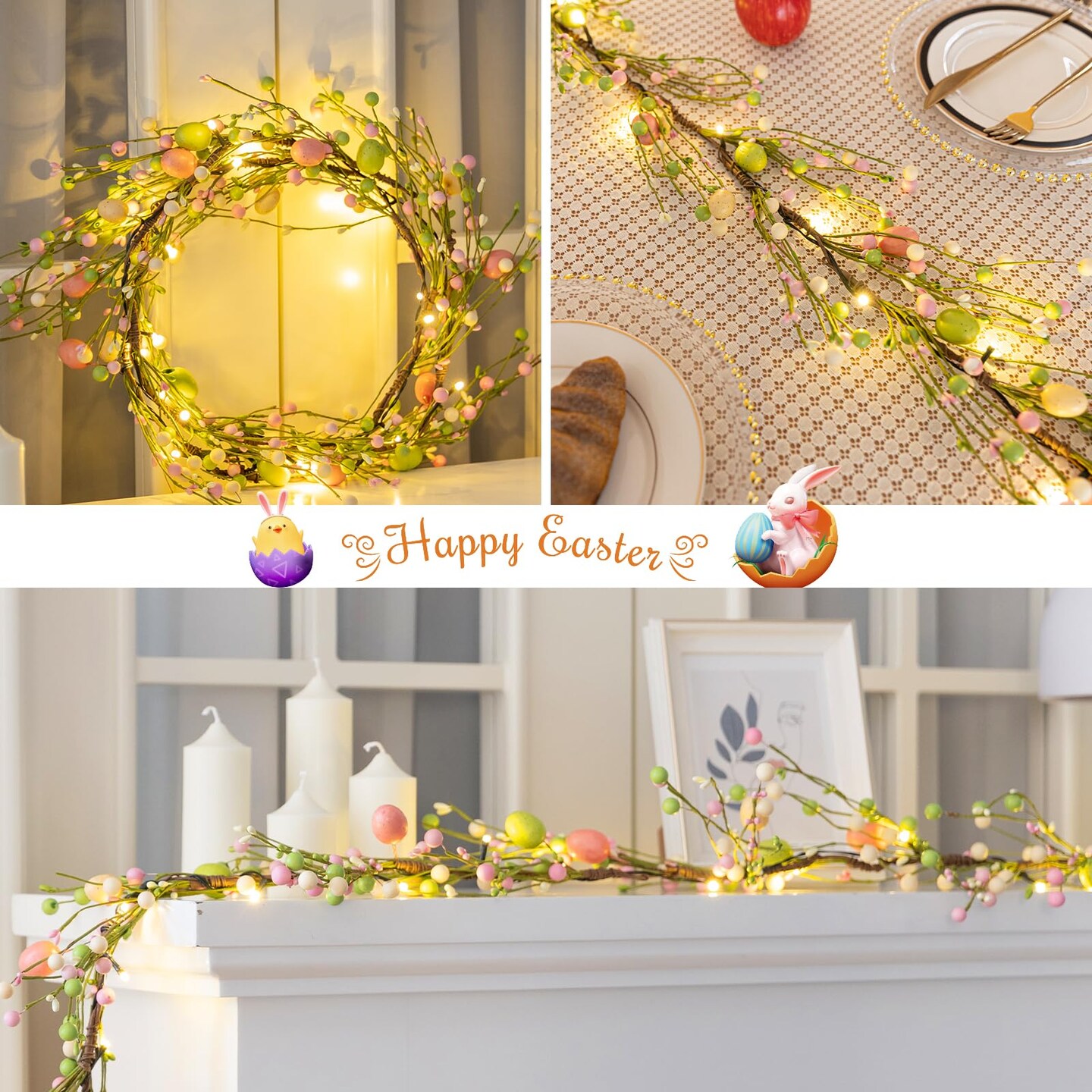 6.6 FT Lighted Easter Garland with Egg and Mixed Berry, Artificial Spring Garlands with Timer, Easter Decorations Pre-lit with 18 LED Lights, Pastel Garland for Mantle Doorway