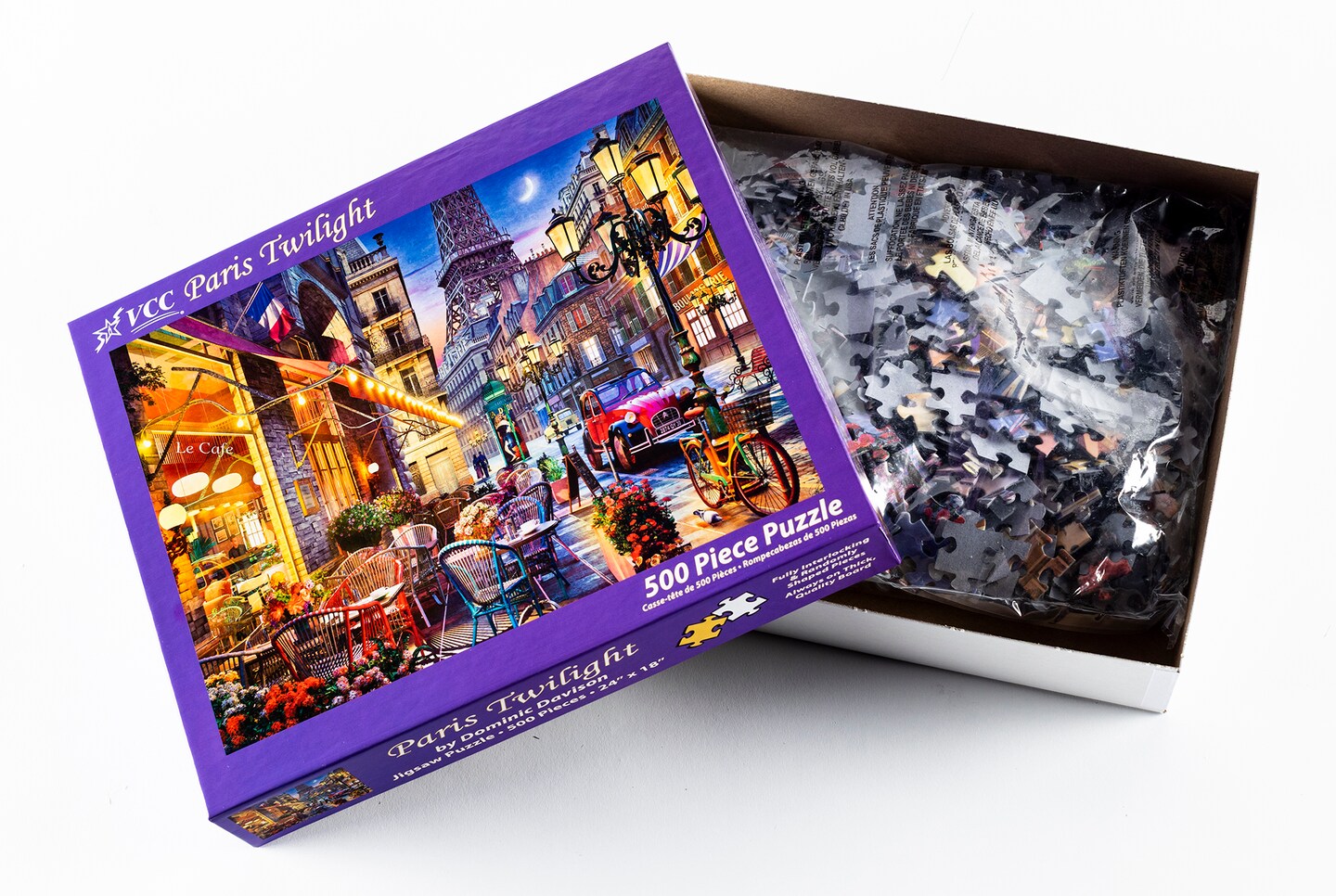 Paris Twilight Jigsaw Puzzle - 500 Piece Puzzles for Adults, Eiffel Tower Puzzle, Paris Cafe with Vivid Colors, Intricate Design, Precision Cutting, Recycled Materials, from VCC