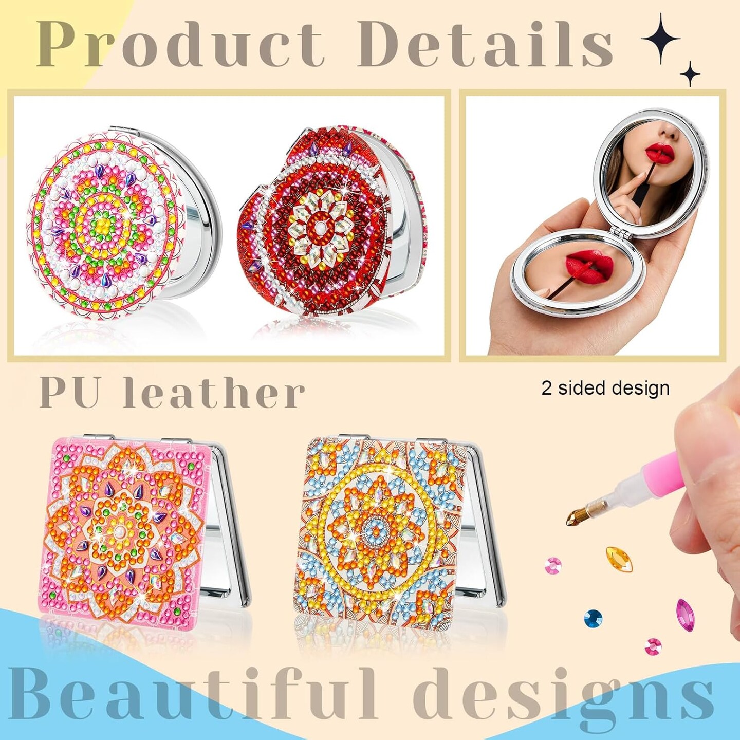 4 Pcs Diamond Painting Compact Mirror DIY Painting Pocket Portable Folding Purse Mirror for Women Diamond Art Mom Gifts for Mother's Day Nurse Week Party Favors(Bright Mandala)