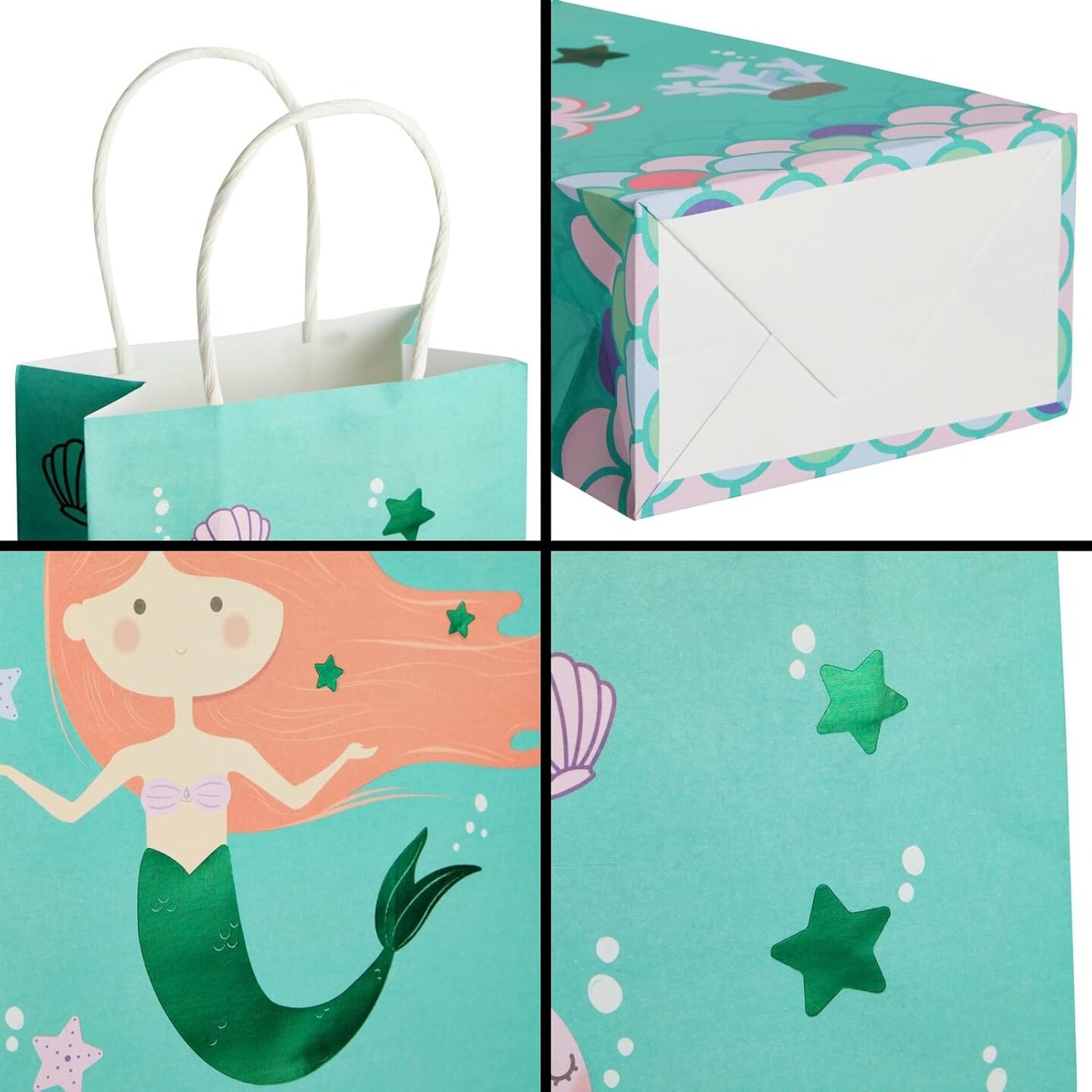 24 Pack Mermaid Gift Bags with Handles for Mermaid Birthday Decorations, Goodies, Treats (5.3 x 3.2 x 9 In Under The Sea Party Bags)