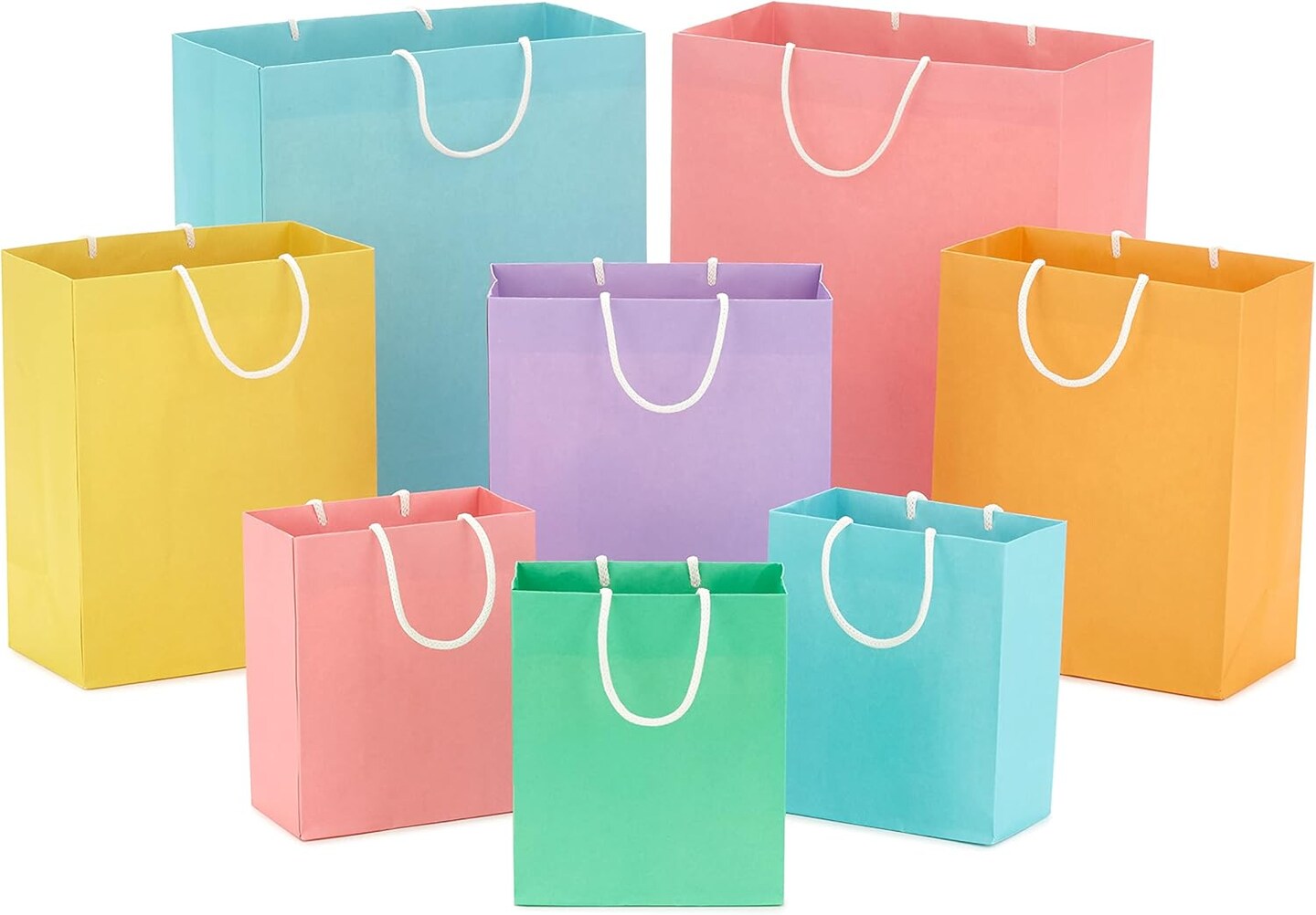Recyclable Gift Bag Assortment (8 Bags: 3 Small 6", 3 Medium 9", 2 Large 13") Pastel Blue, Pink, Yellow, Purple, Orange, Green