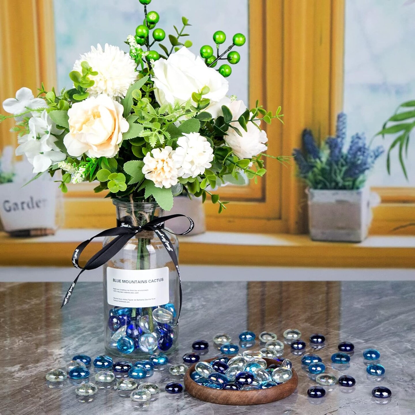 65PCS Iridescent Blue Flat Marbles, Decorative Glass Pebbles Beads Vase Fillers Decorative Fish Tank Aquarium Rocks for Centerpieces Table Decor