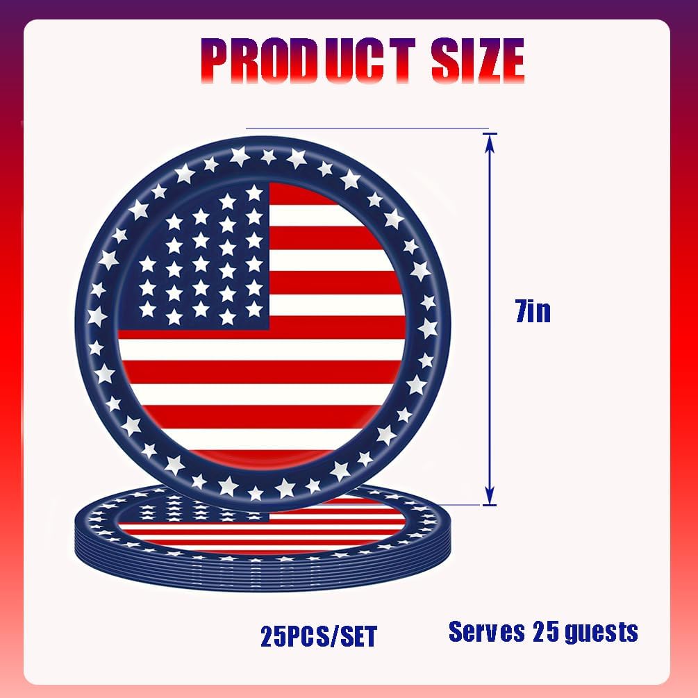 4th of July Patriotic Paper Plates Set for 25 Guests – 7” Disposable American Flag Dessert Plates for Independence Day, Veterans Day & Election Day Party Supplies