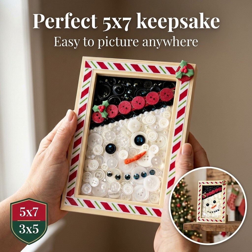 Winter Snowman DIY Button Art Frame Kit - Natural Wood, Holiday Craft Kit