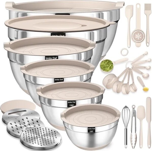 26 PCS Stainless Steel Mixing Bowls Set with Airtight Lids Grater Attachments Non Slip Base Kitchen Prep Set Khaki