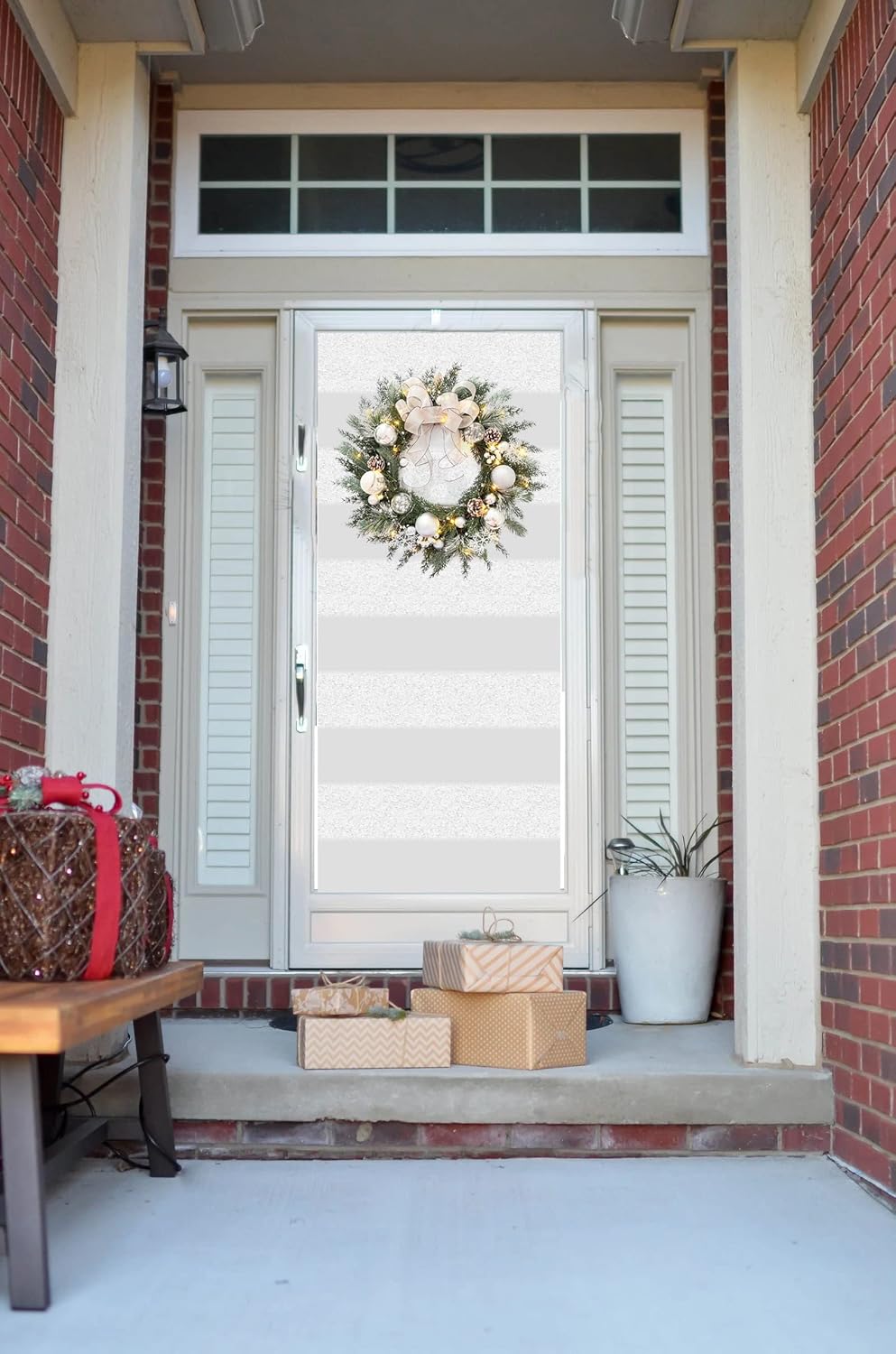 Prelit Christmas Wreath with White Bow and Ball Ornaments