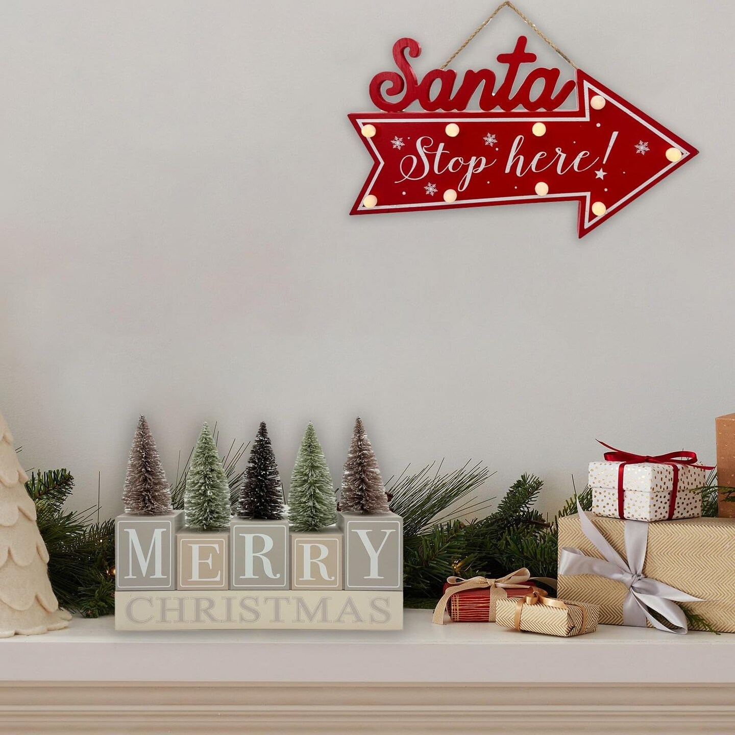 Christmas Decorations for Home Farmhouse Christmas Tree Decor Merry Christmas Sign Wooden Winter Rustic Block Vintage Holiday Tabletop for Kitchen Xmas Party Mantel Tiered Tray Gift