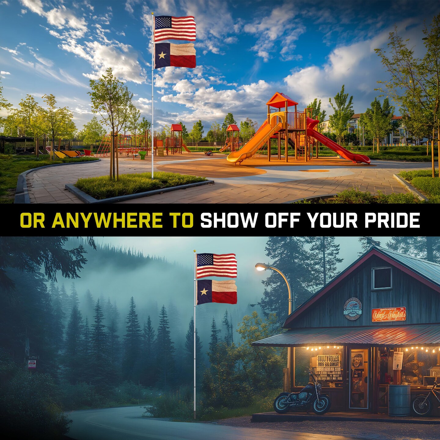 G128 Combo Pack: 25 Ft Telescoping Aluminum Flagpole (Silver) & American and Texas Tea Stained Flags 3x5 Ft, Both ToughWeave Series Embroidered Polyester | Pole with Flags Included