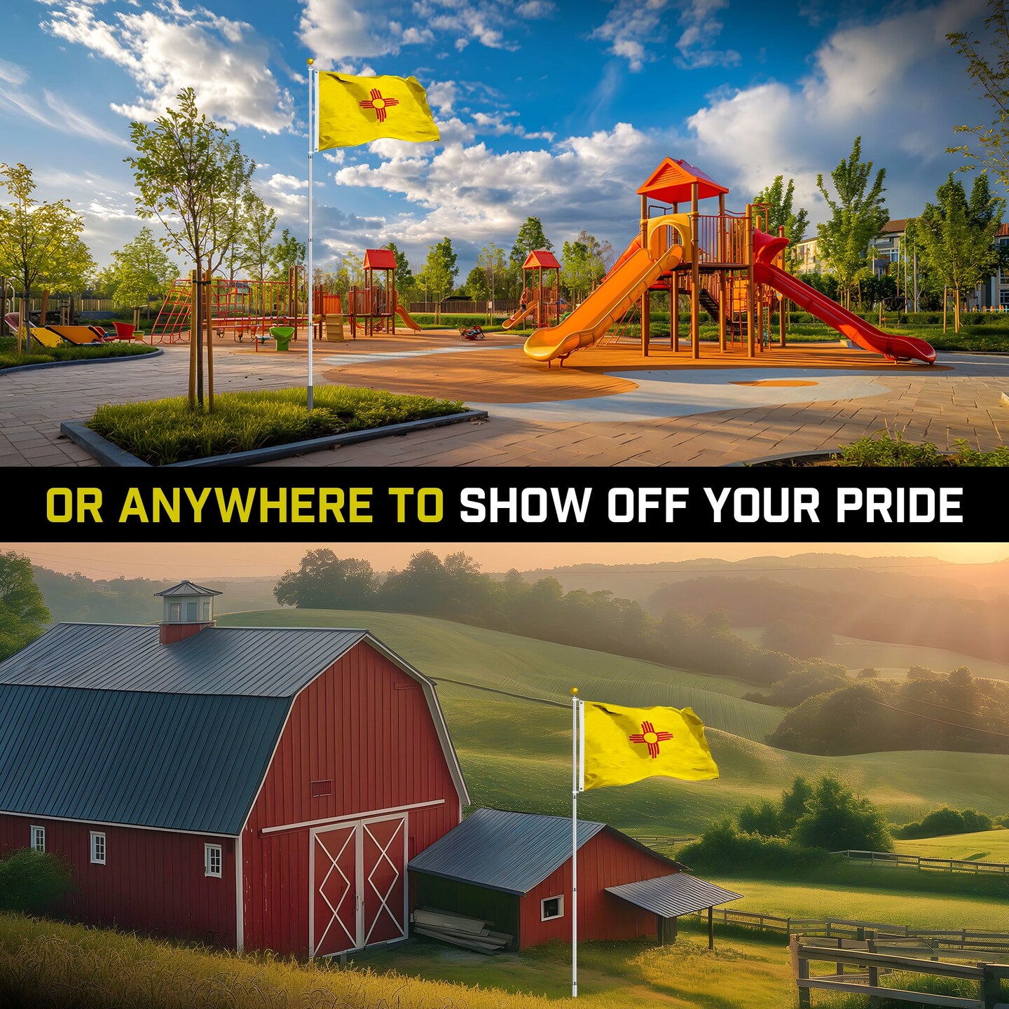 G128 Combo Pack: 16 Ft Telescoping Aluminum Flagpole (Silver) &#x26; New Mexico NM State Flag 3x5 Ft, StormFlyer Series Embroidered 220GSM Spun Polyester | Pole with Flag Included