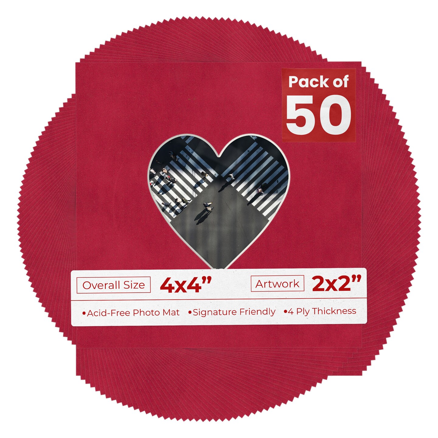 Red Suede Mat Board for 4x4 Inch Frames - Heart Opening for 2x2 Photos