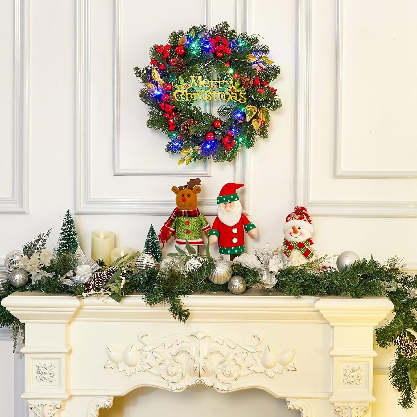 18 Inch Christmas Wreaths for Front Door, Lighted Outdoor Christmas Wreath with 40 LED Lights Timer Pine Cones for Window Fireplace Winter Xmas Decorations, Battery Operated