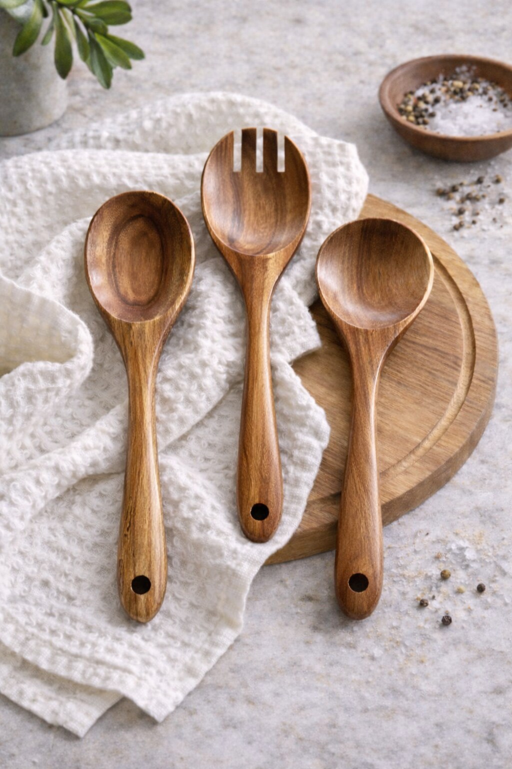 Teak Wood Spoon Set – 3-Piece Natural Wooden Cooking & Serving Utensils (Mixing Spoon, Salad Fork, Serving Spoon